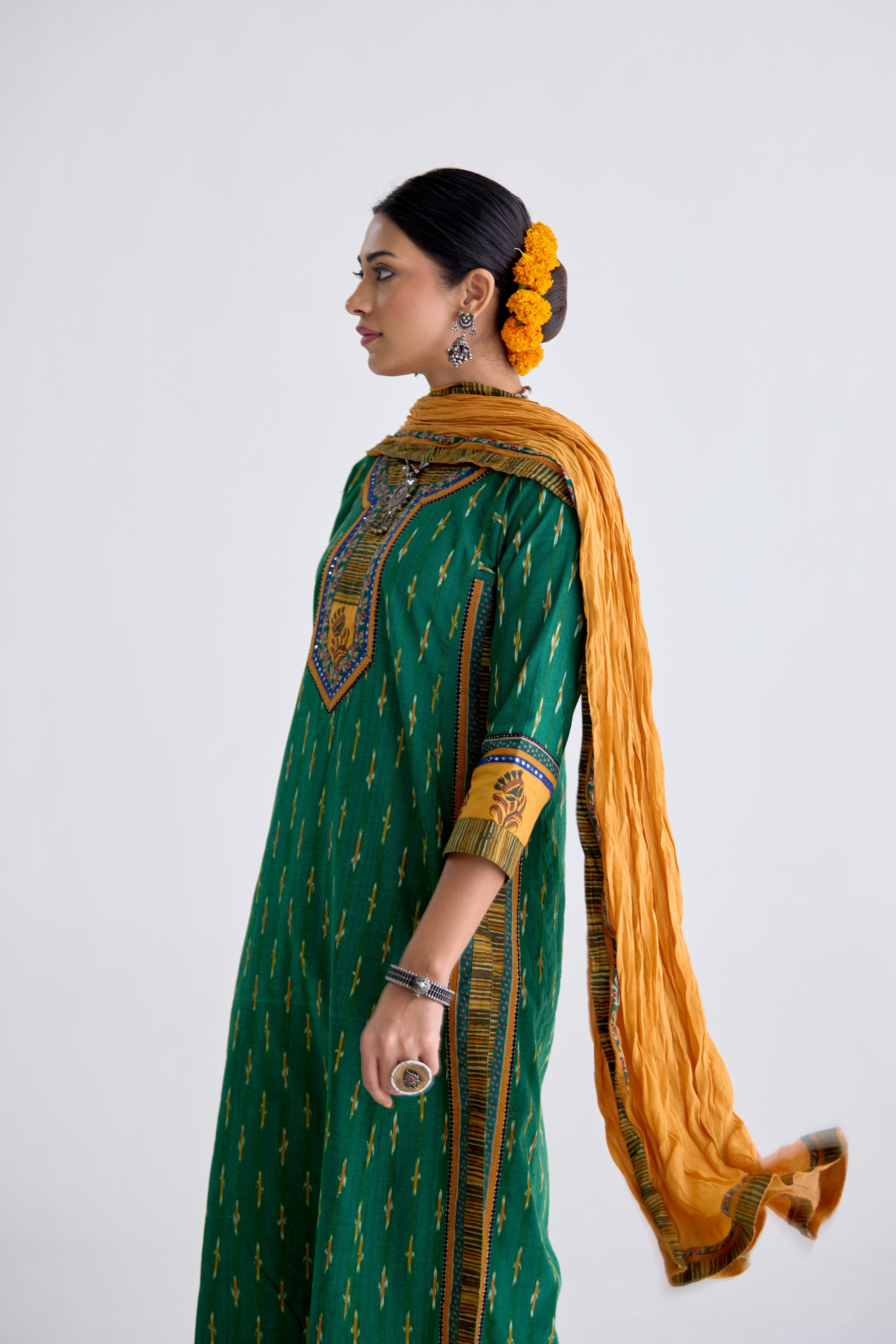 Anu Cotton Slub Ikkat Printed Kurta Green (10104442781995)