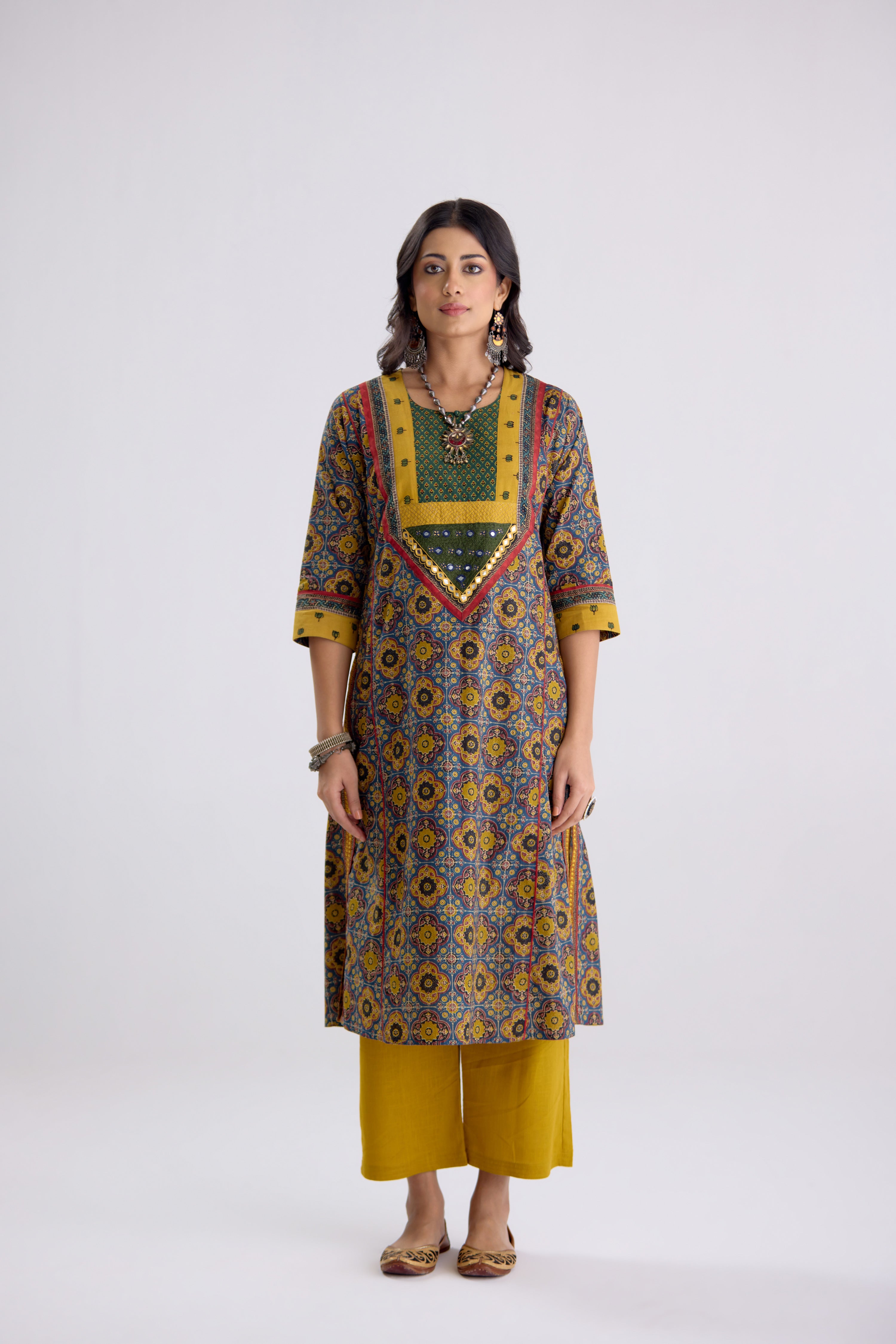 Devi Cotton Embroidered Kurta Blue Mustard (10104259608875)