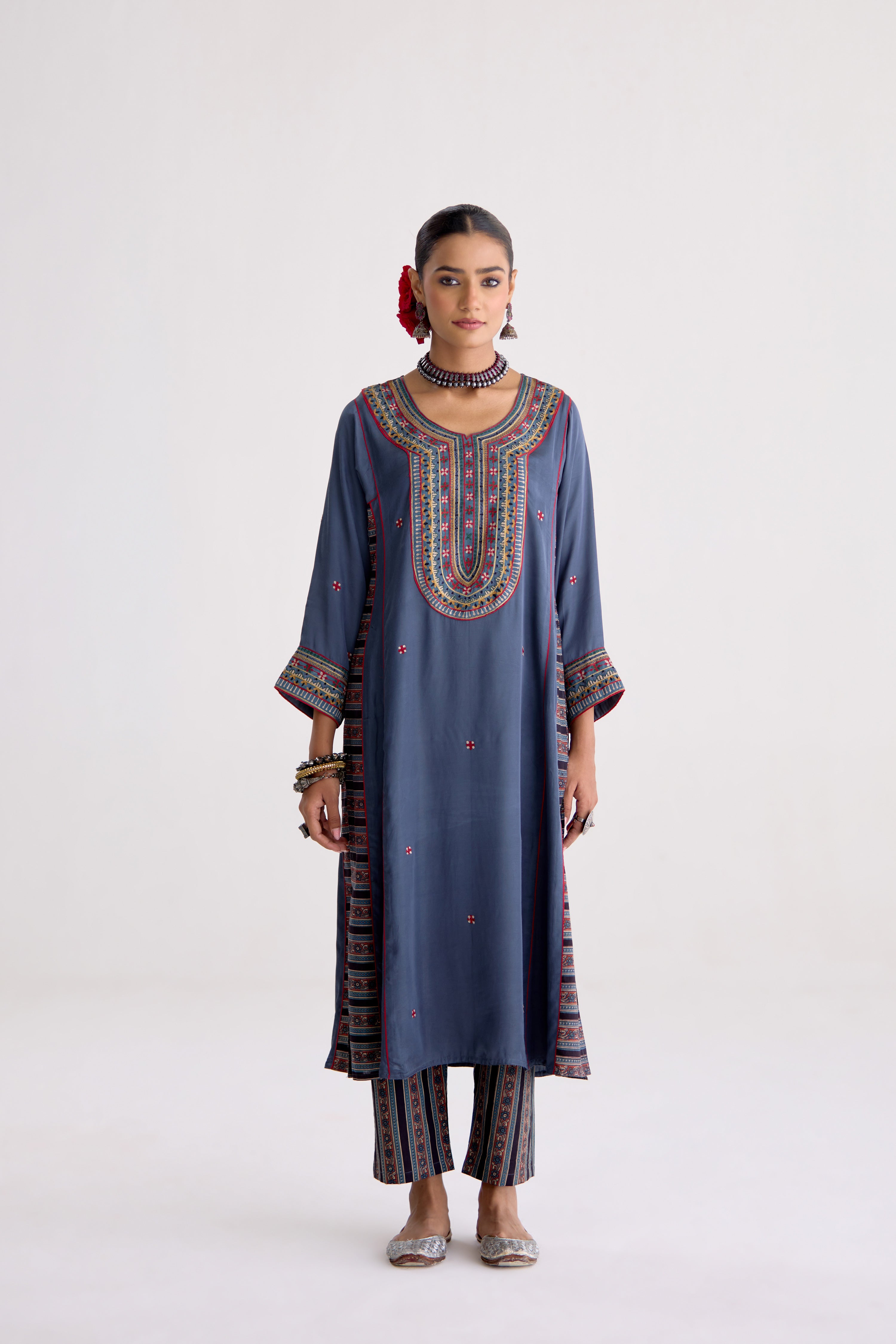 Tulsi Modal Silk Embroidered Kurta Blue Grey (10105575964971)