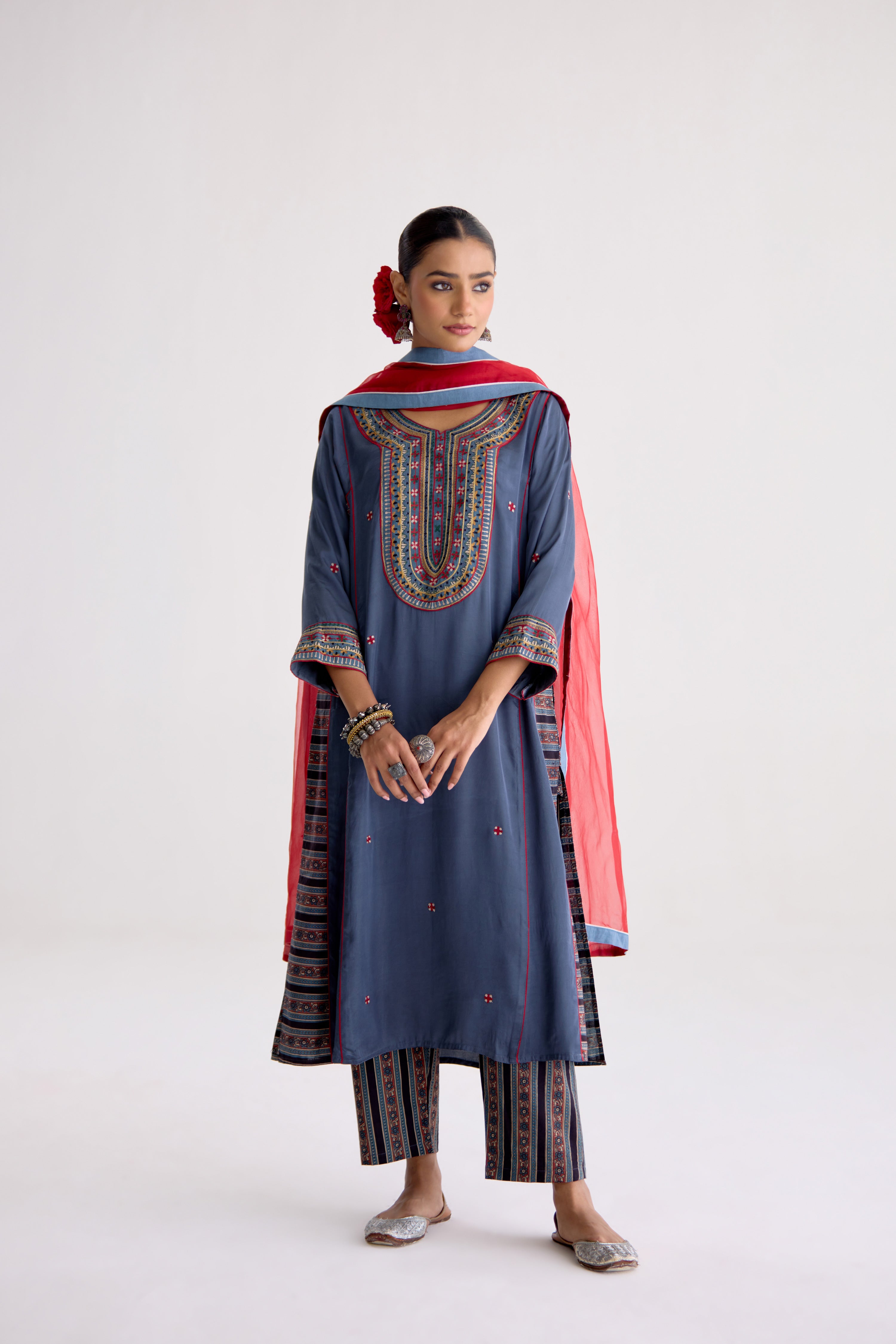 Tulsi Modal Silk Embroidered Kurta Blue Grey (10105575964971)