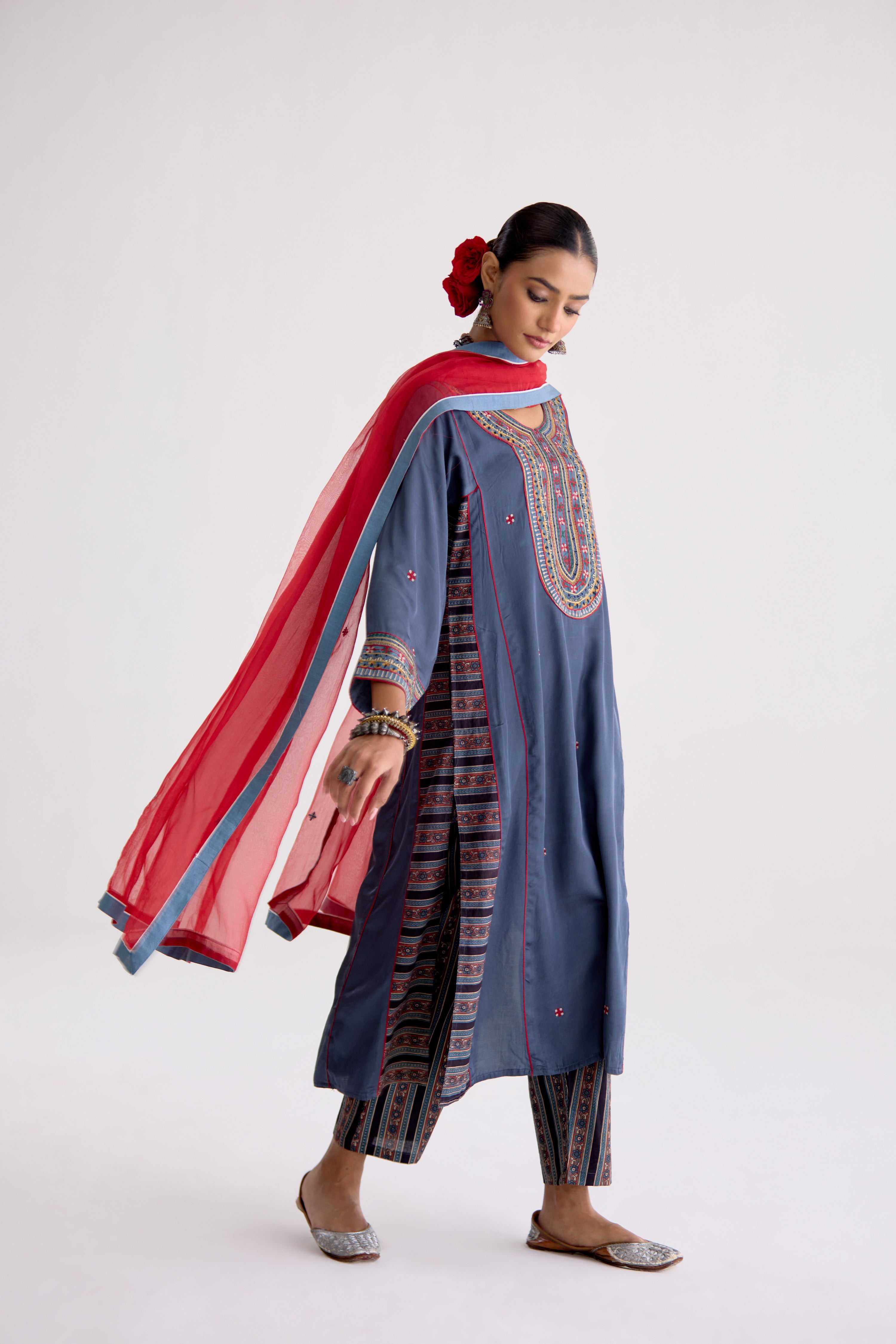 Tulsi Modal Silk Embroidered Kurta Blue Grey (10105575964971)