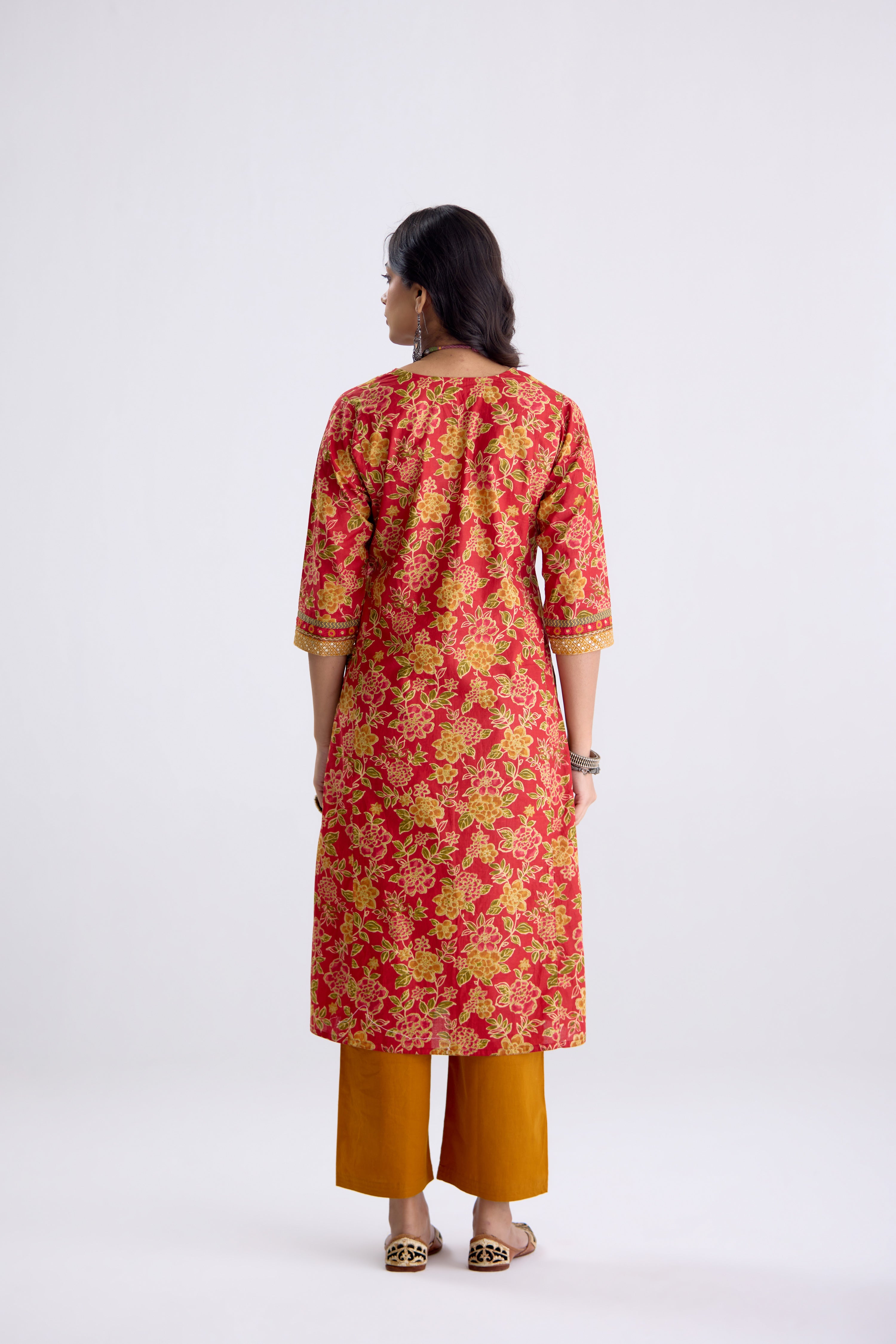 Rozana Cotton Printed Embroidered Kurta Red Mustard (10107010941227)