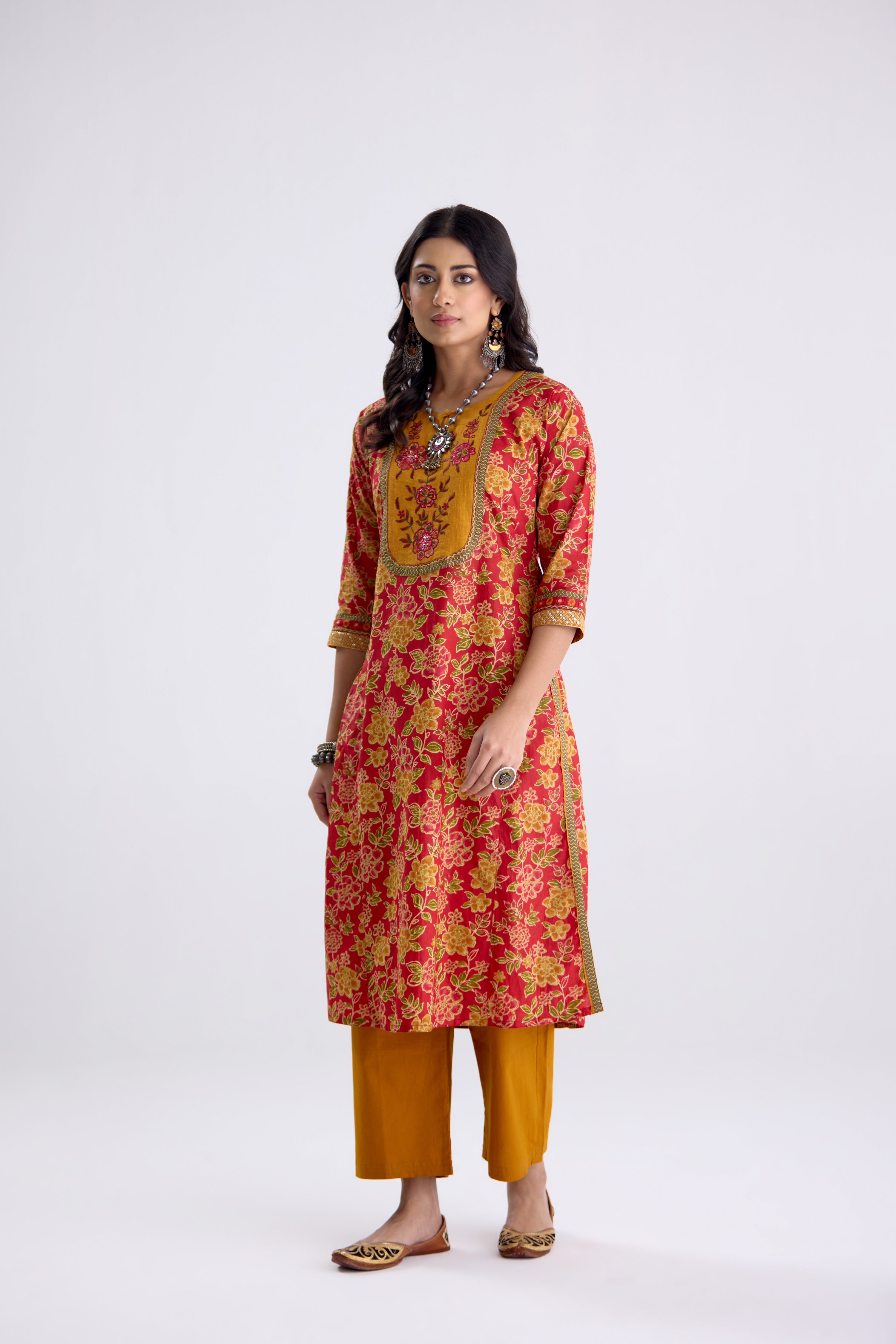 Rozana Cotton Printed Embroidered Kurta Red Mustard (10107010941227)