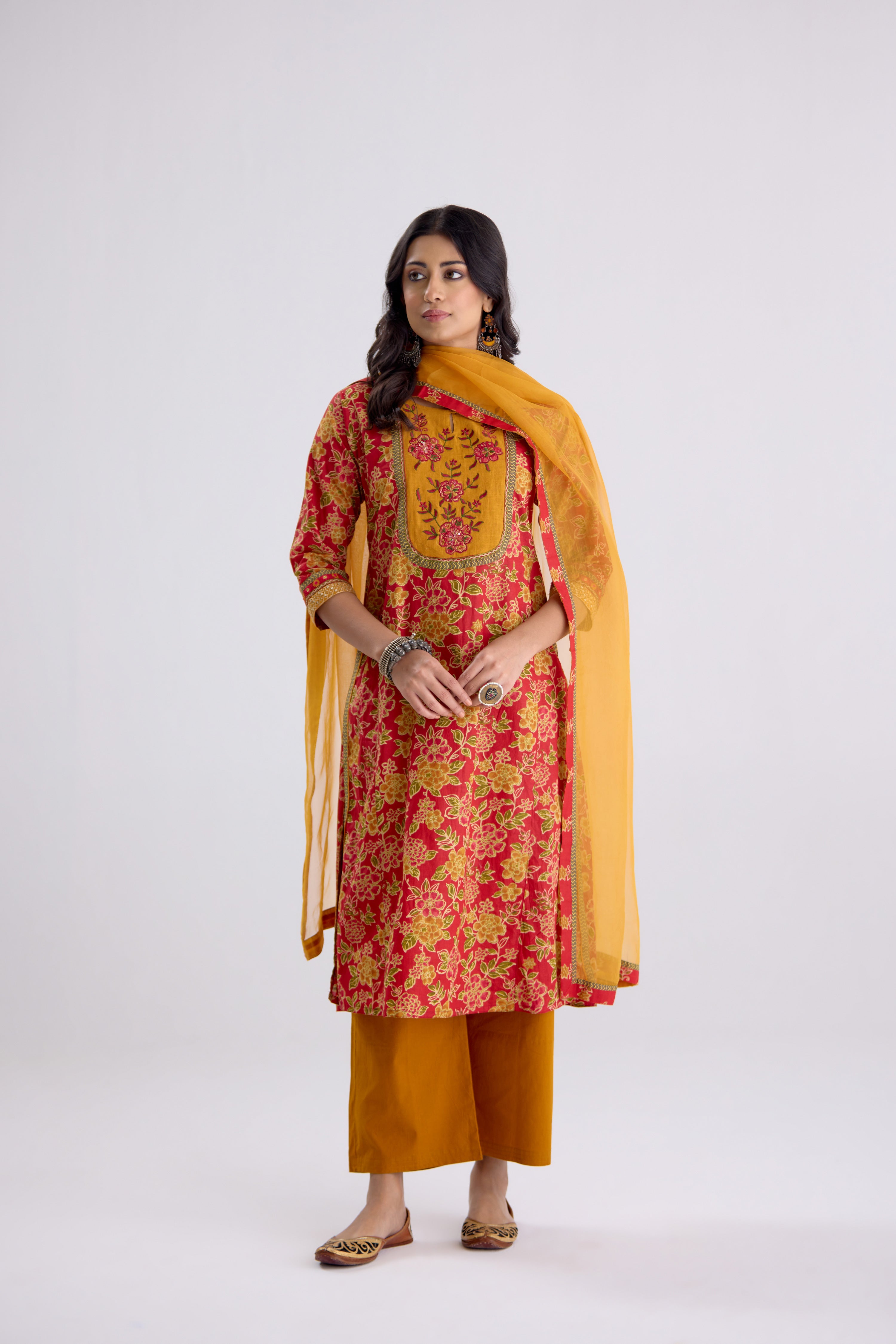 Rozana Cotton Printed Embroidered Kurta Red Mustard (10107010941227)