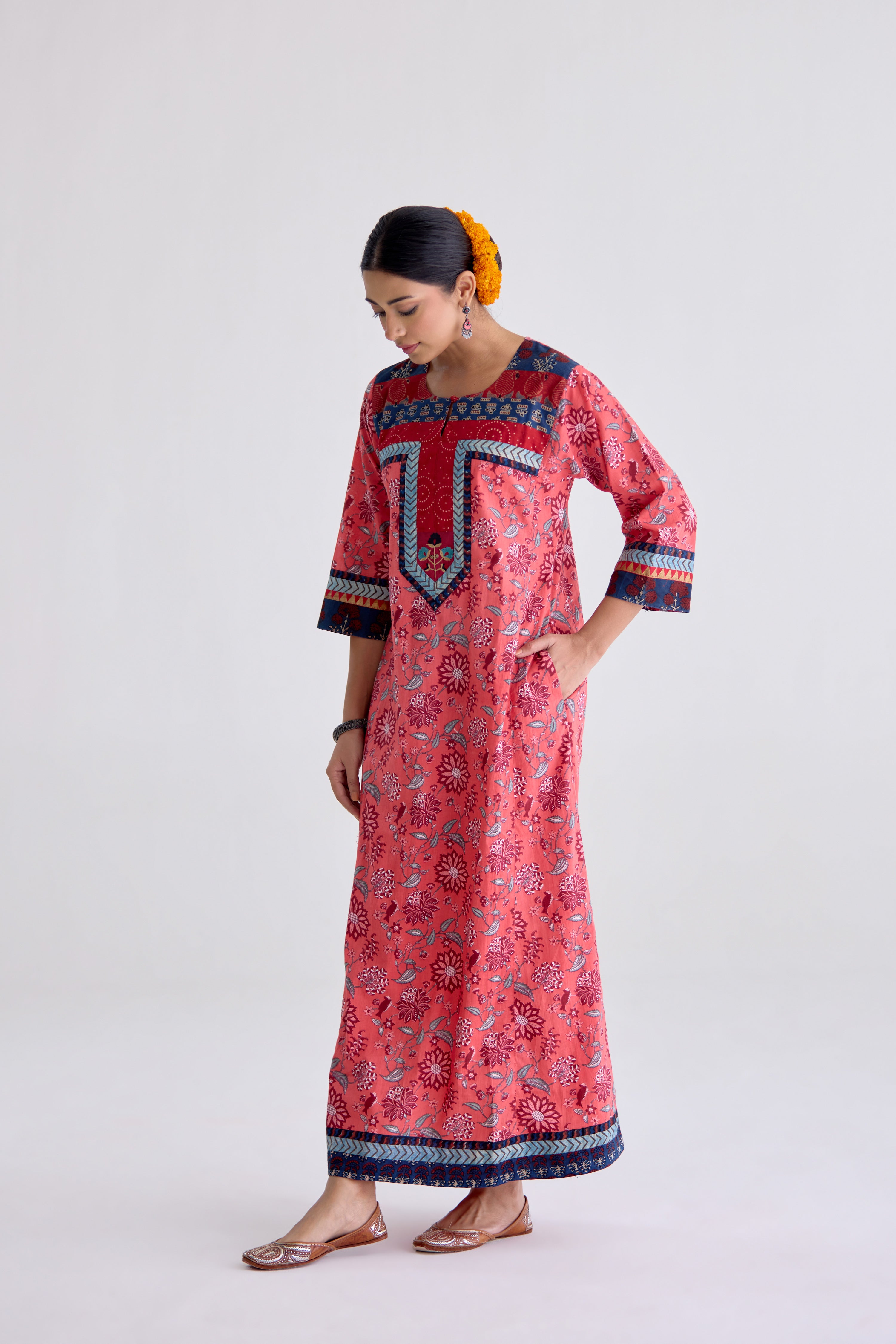 Rozana Cotton Printed Caftan Peach Red (10107017330987)
