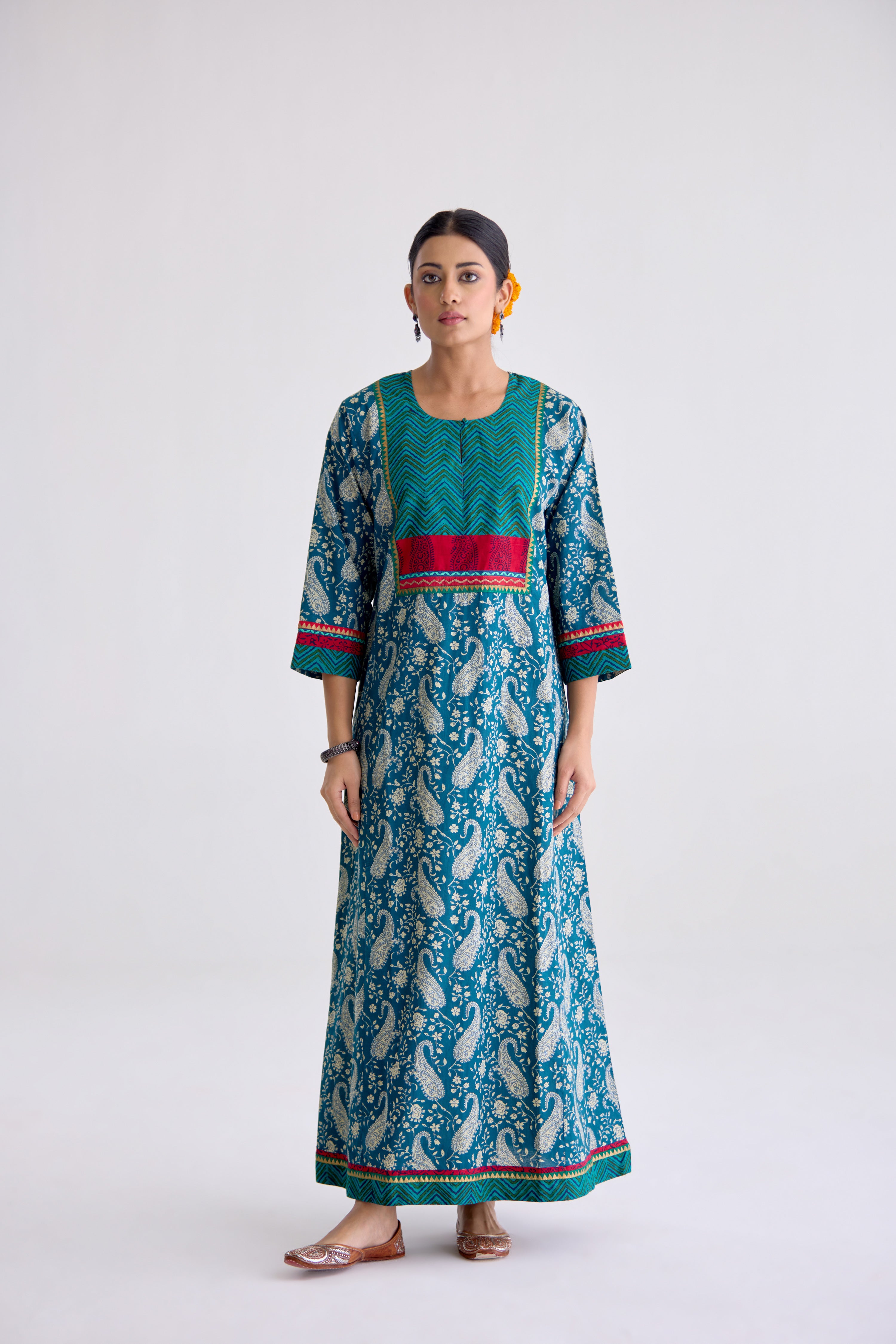 Rozana Cotton Printed Caftan Teal Blue (10107016675627)