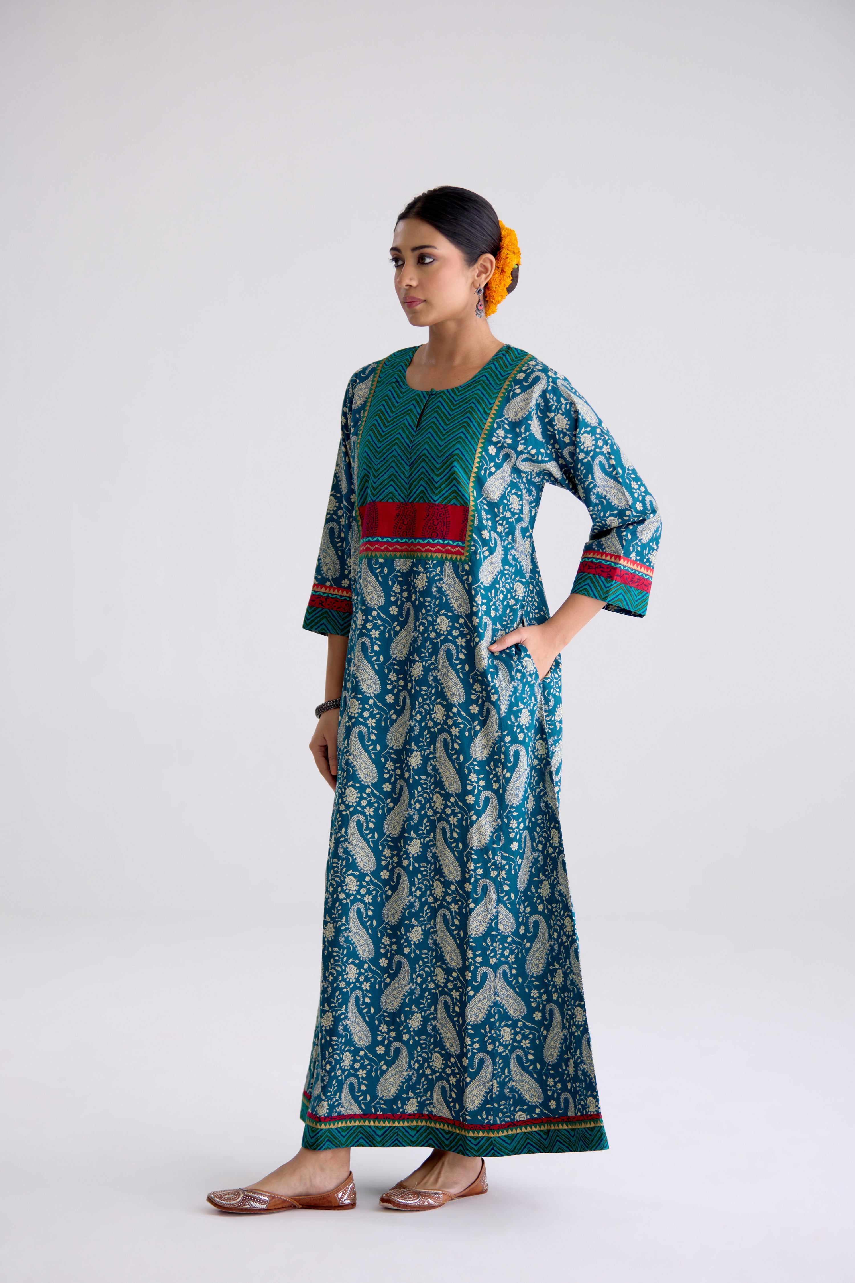 Rozana Cotton Printed Caftan Teal Blue (10107016675627)