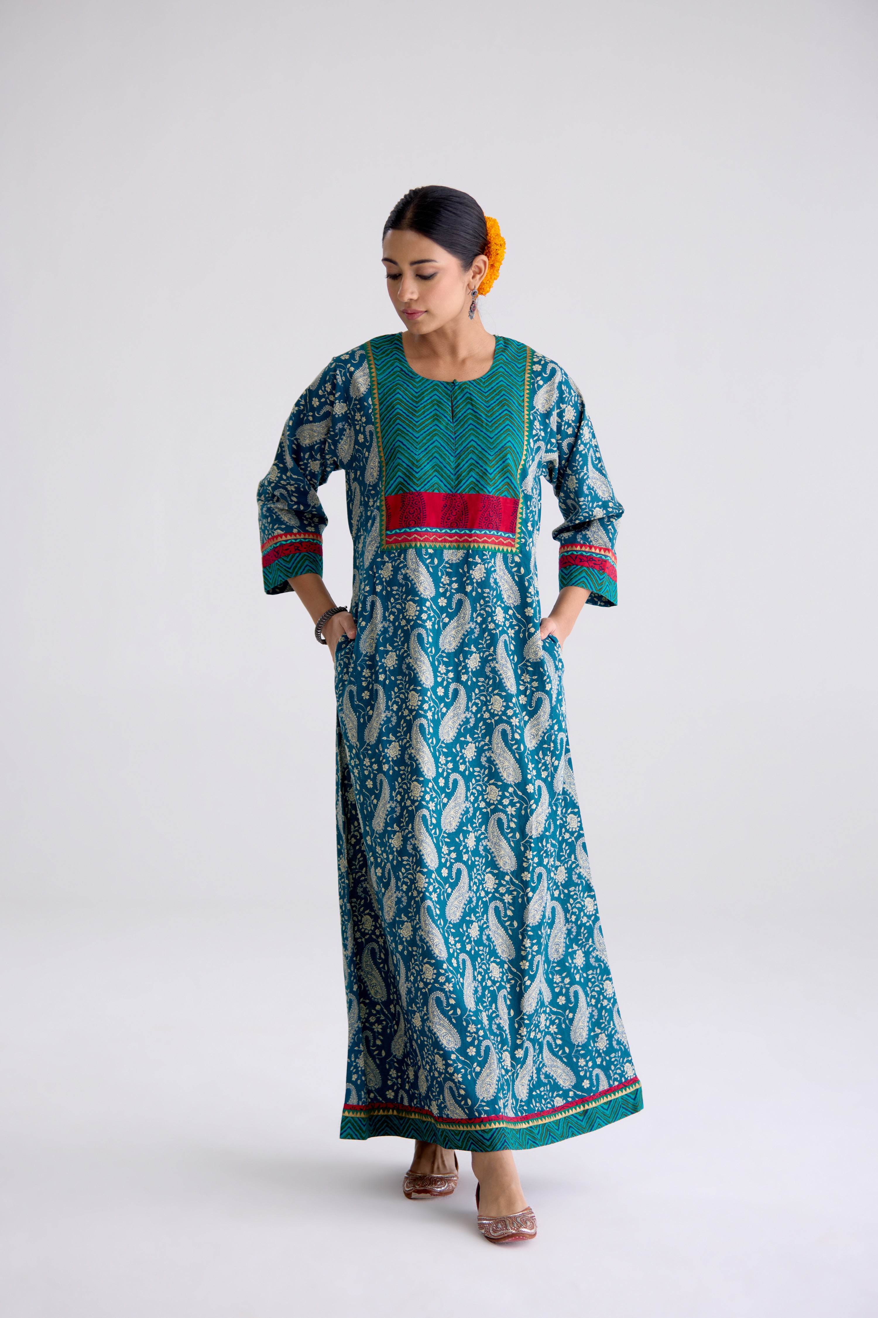 Rozana Cotton Printed Caftan Teal Blue (10107016675627)