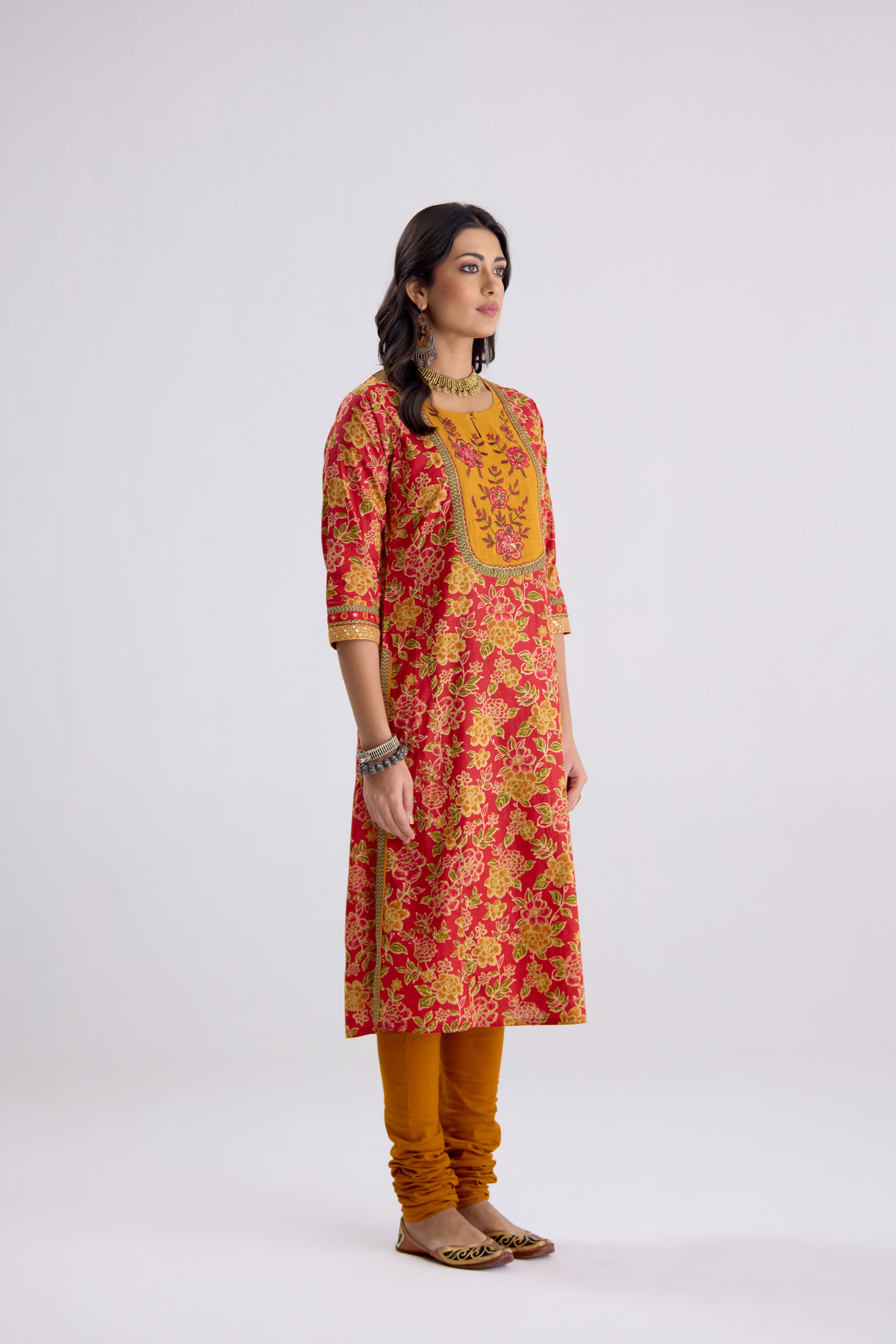 Rozana Cotton Printed Embroidered Kurta Red Mustard (10107010941227)