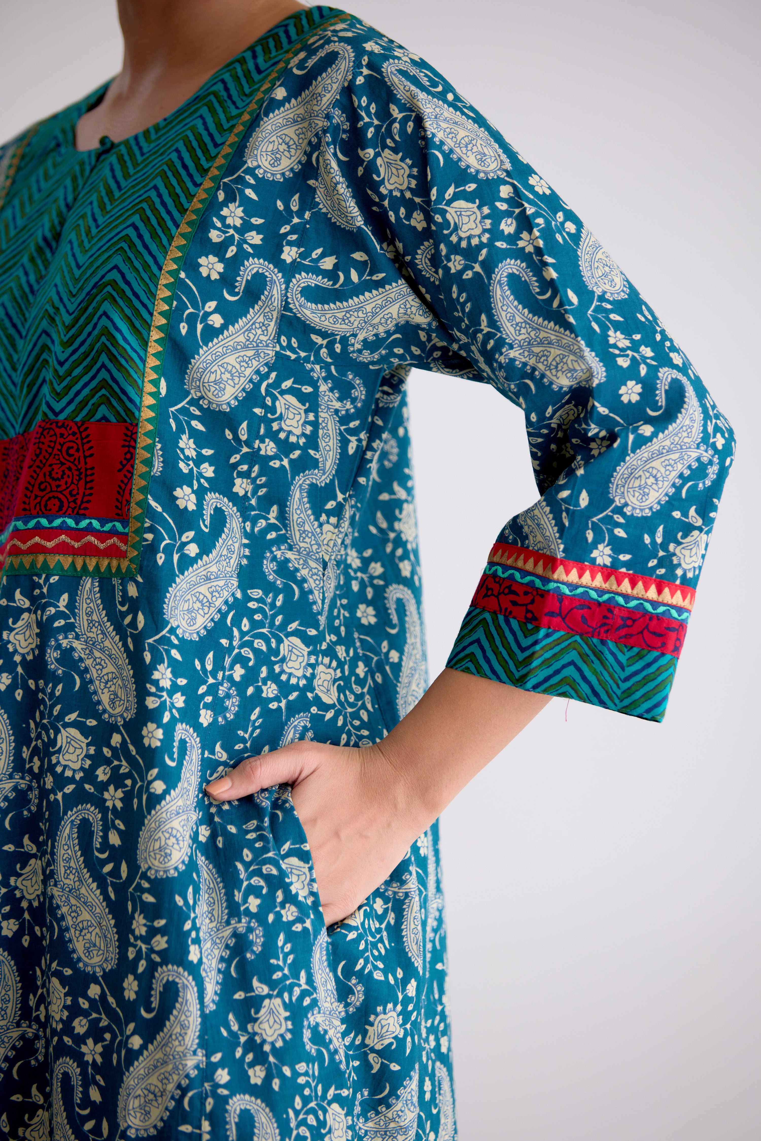 Rozana Cotton Printed Caftan Teal Blue (10107016675627)