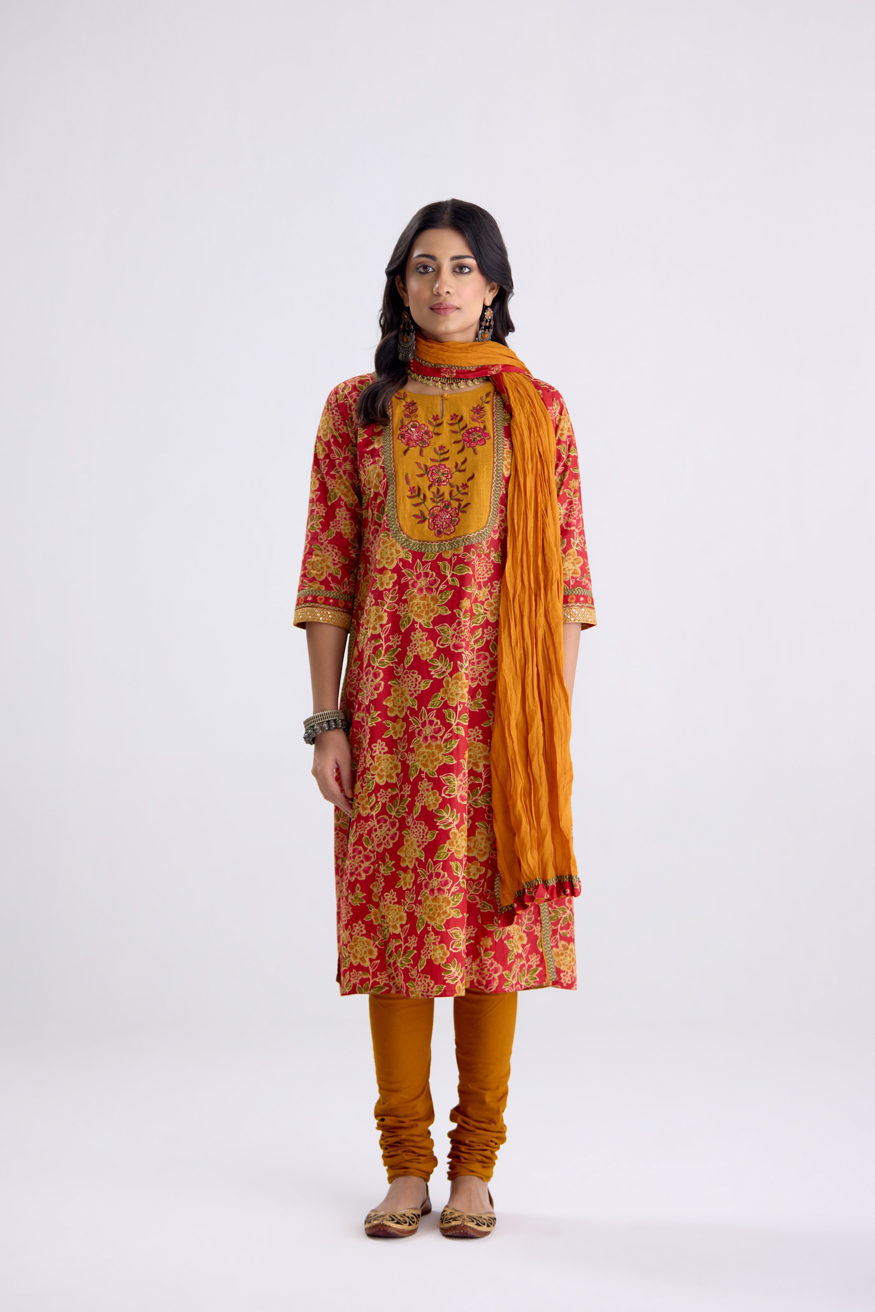 Rozana Cotton Printed Embroidered Kurta Red Mustard (10107010941227)