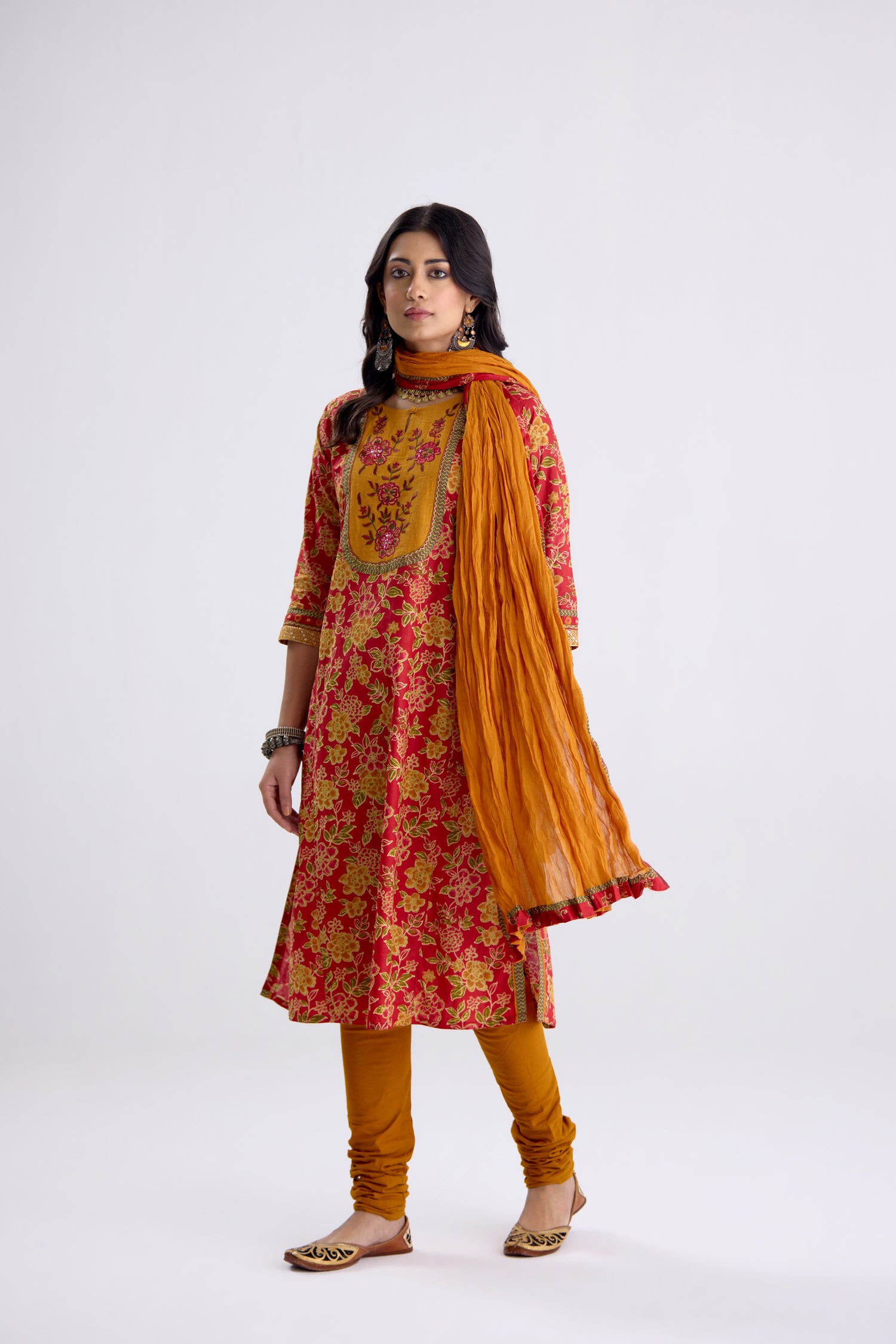Rozana Cotton Printed Embroidered Kurta Red Mustard (10107010941227)