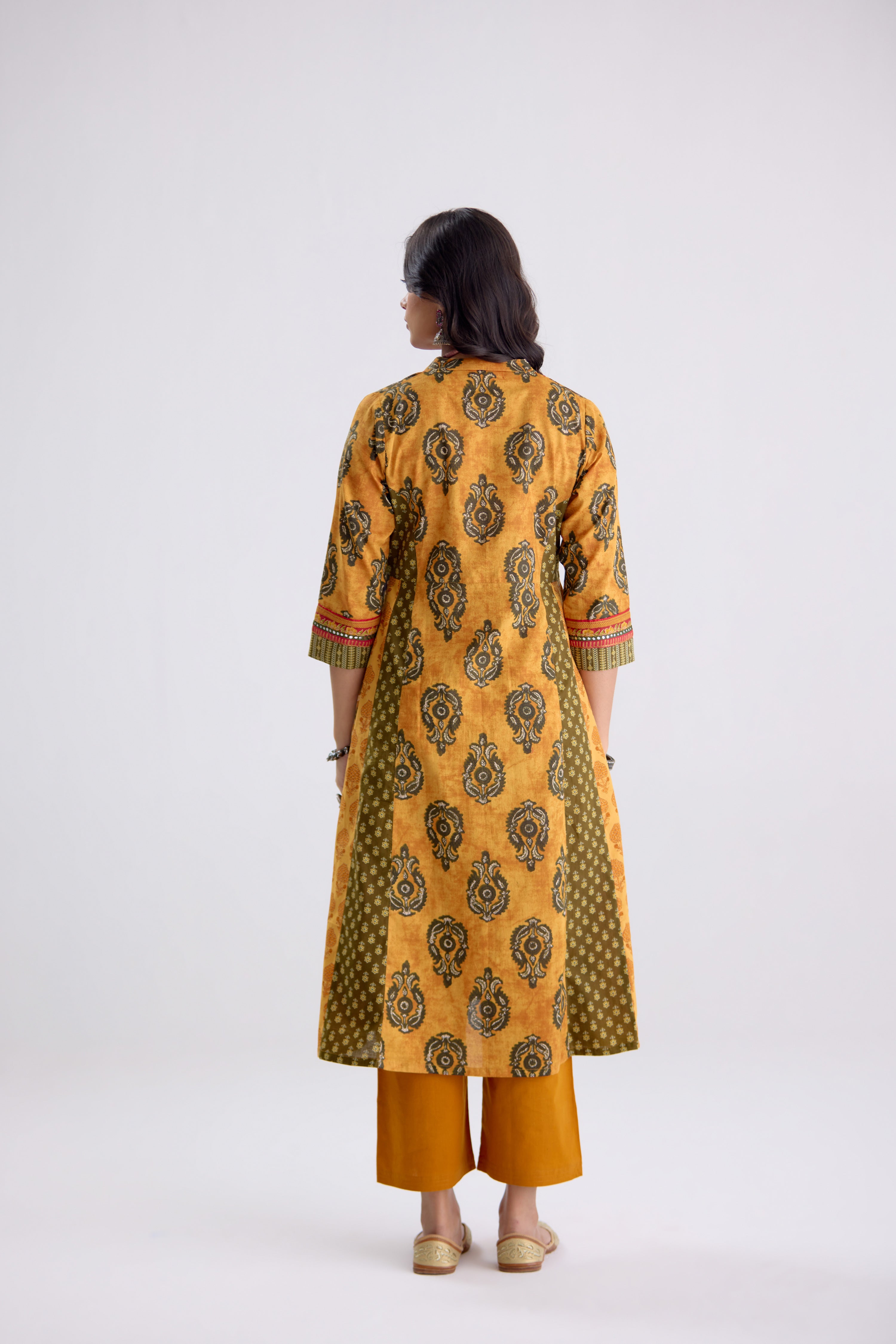 Anarkali Collar Cotton Printed Kurta Mustard (10104502354219)
