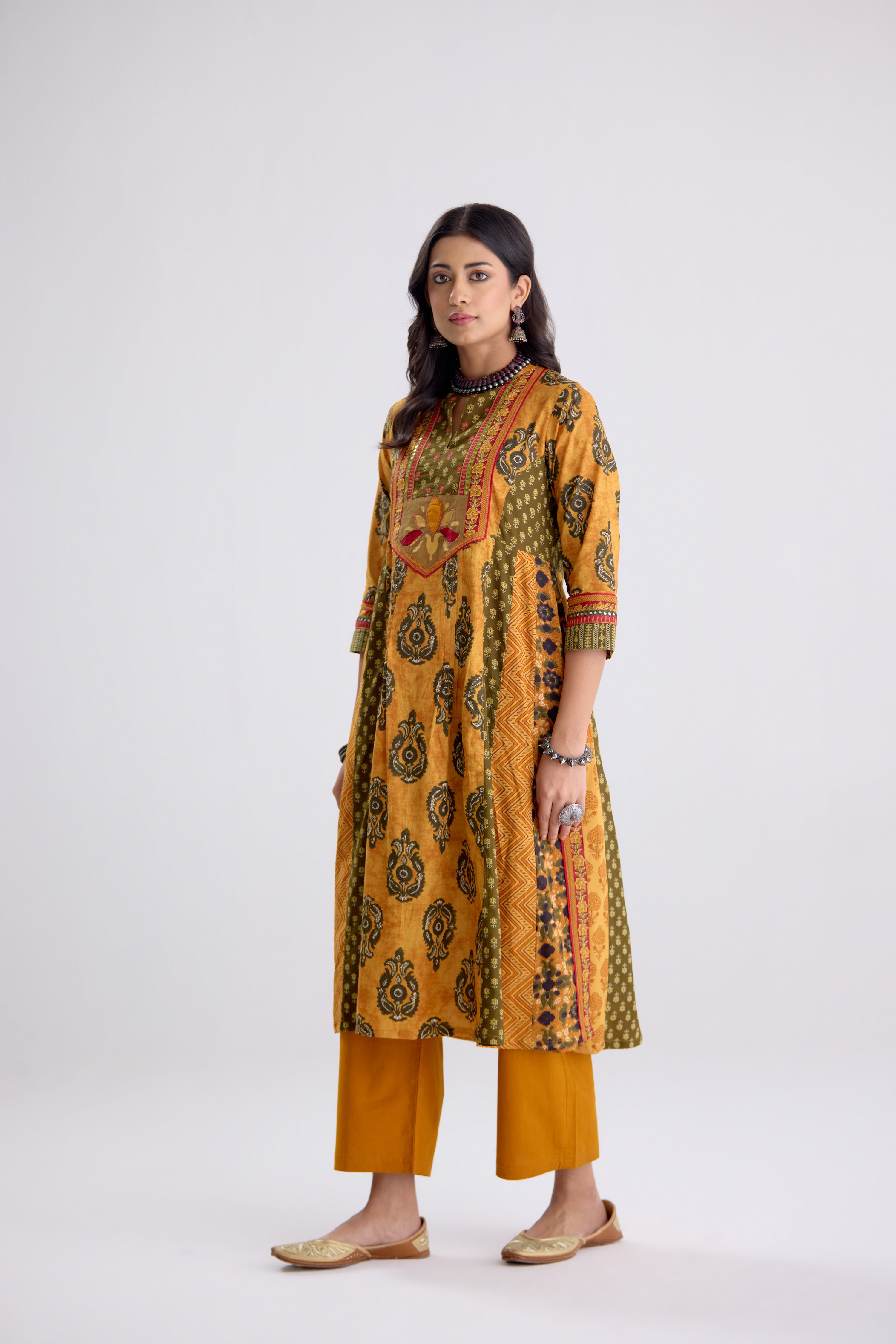 Anarkali Collar Cotton Printed Kurta Mustard (10104502354219)