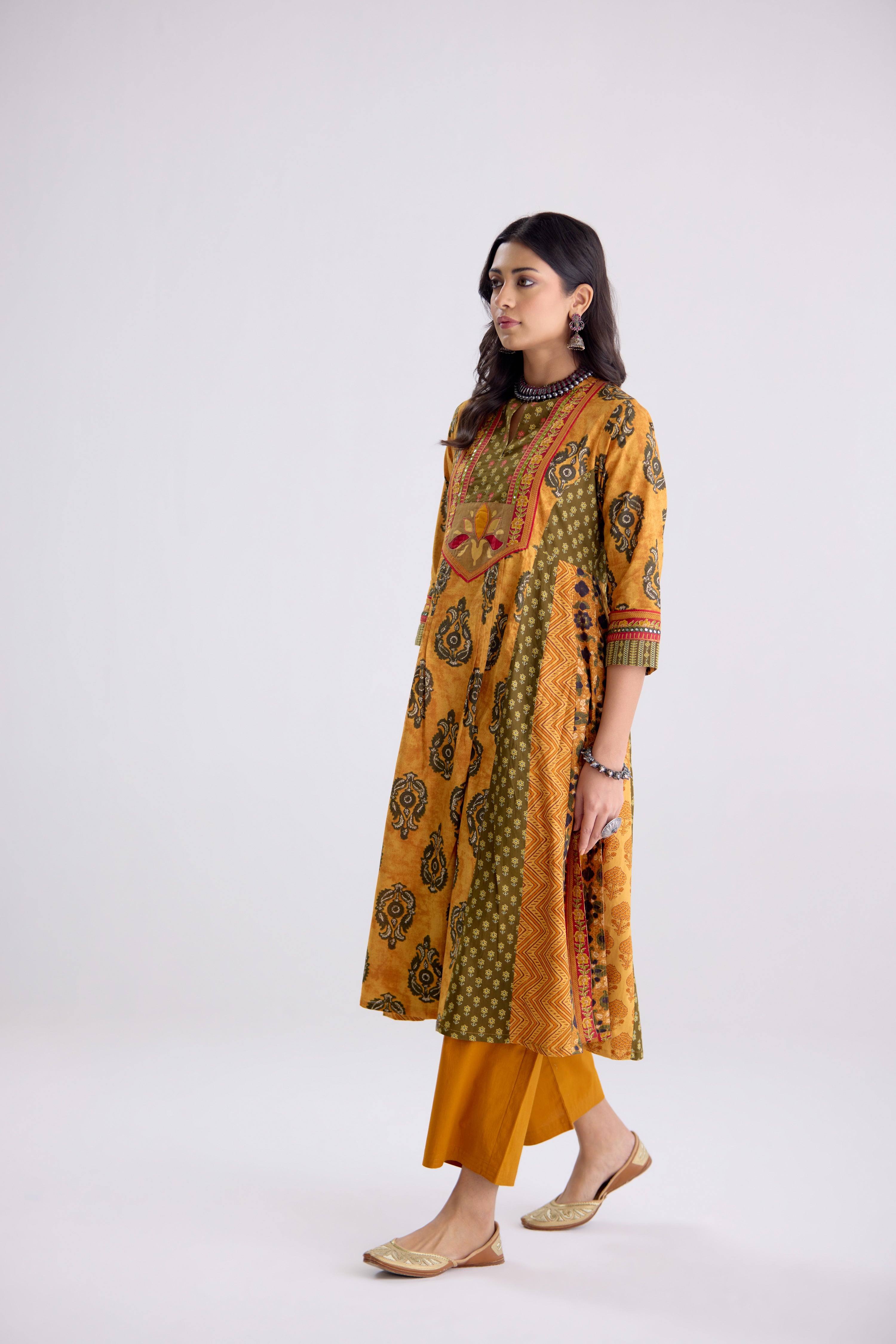 Anarkali Collar Cotton Printed Kurta Mustard (10104502354219)