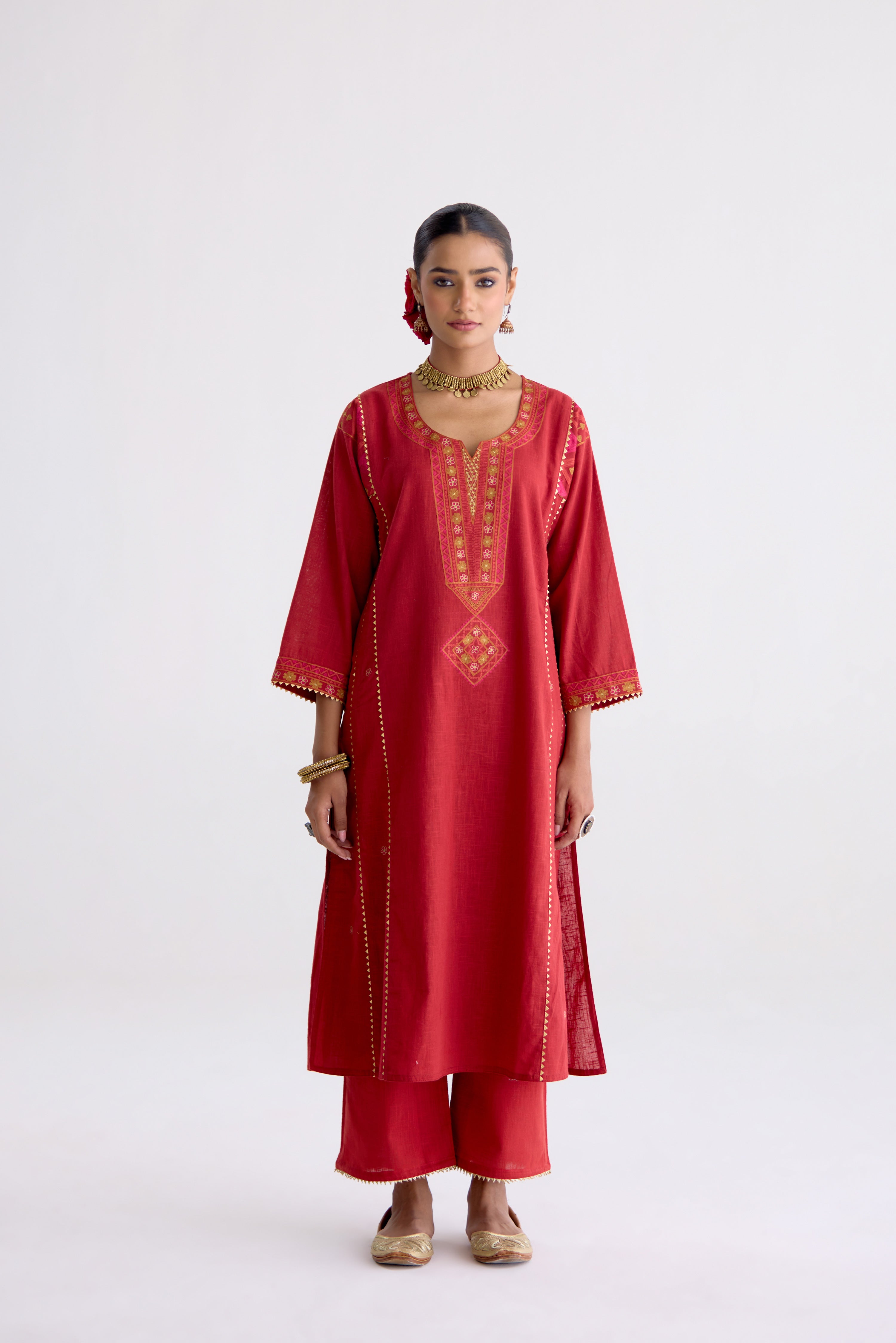 Tulsi Cotton Slub Embroidered Kurta Maroon (10106095206699)