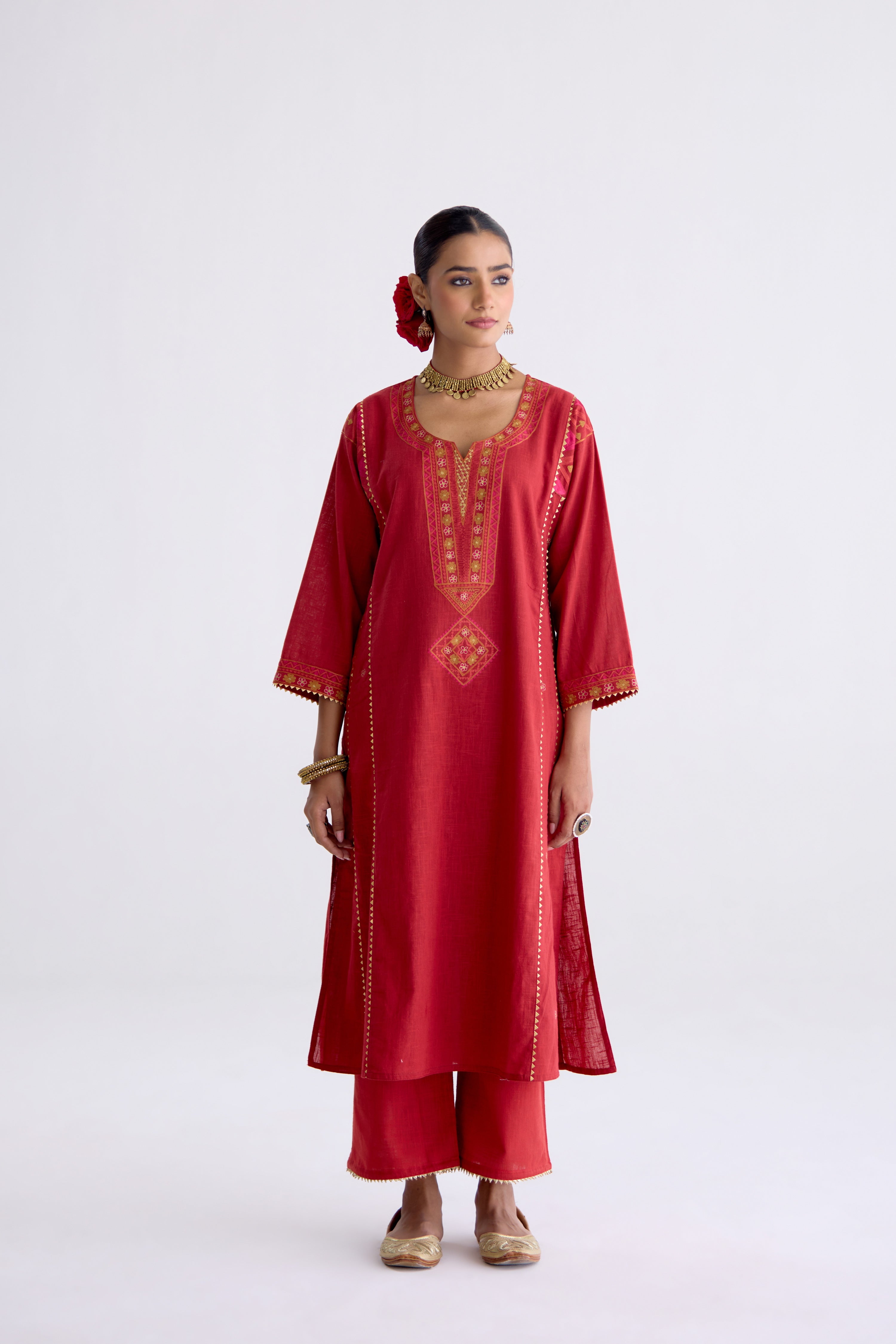 Tulsi Cotton Slub Embroidered Kurta Maroon (10106095206699)