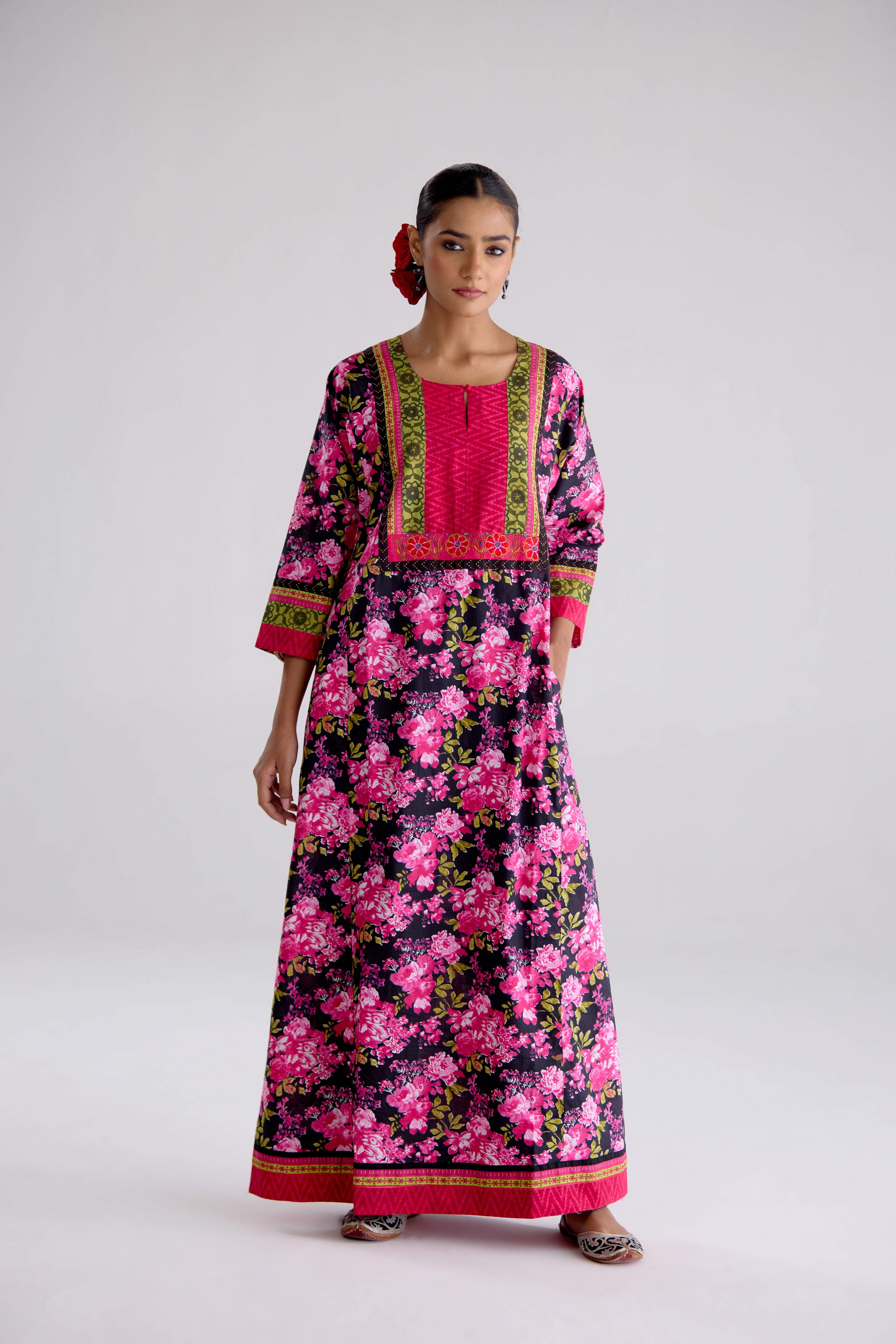 Rozana Cotton Printed Caftan Black Pink (10107017986347)