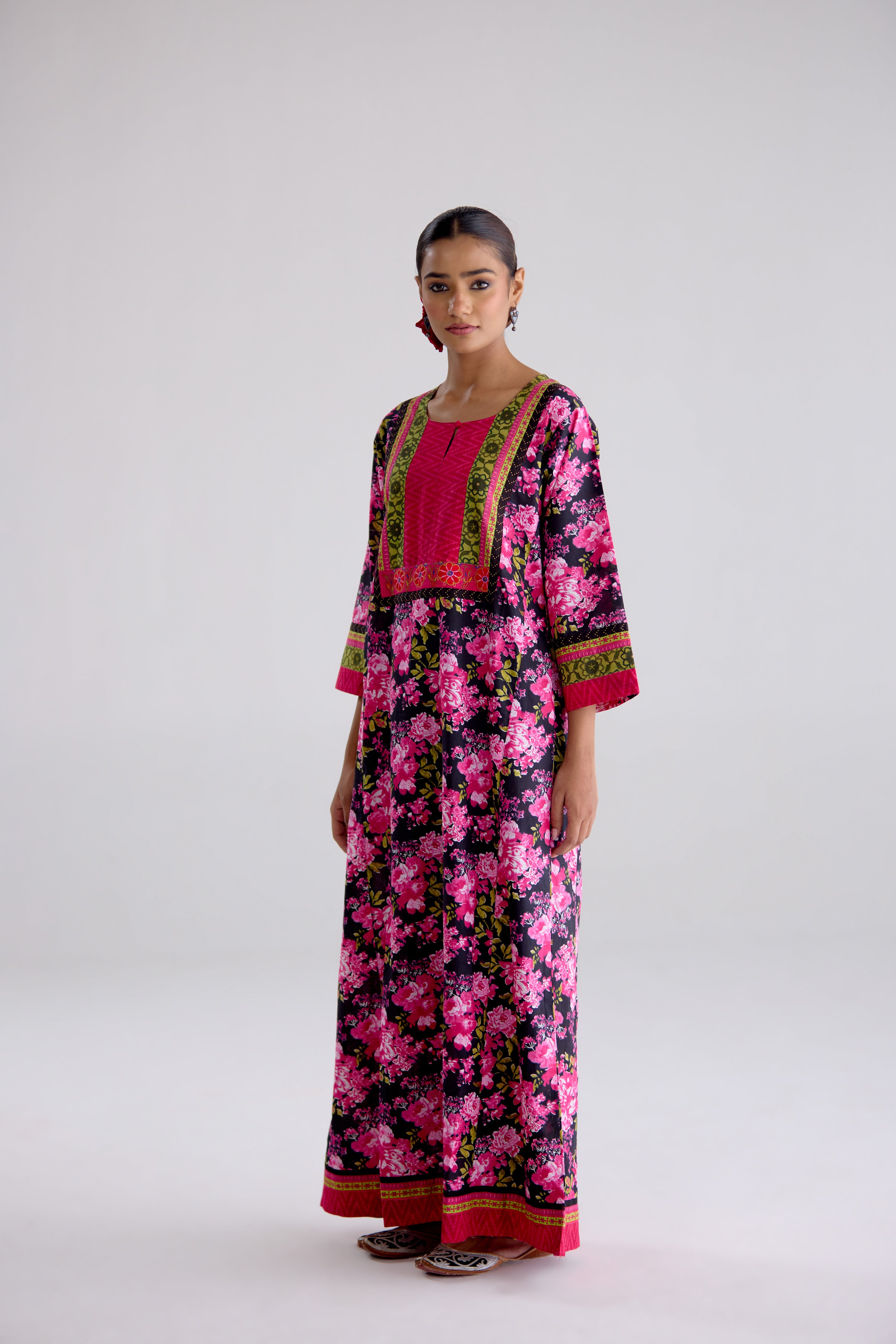 Rozana Cotton Printed Caftan Black Pink (10107017986347)