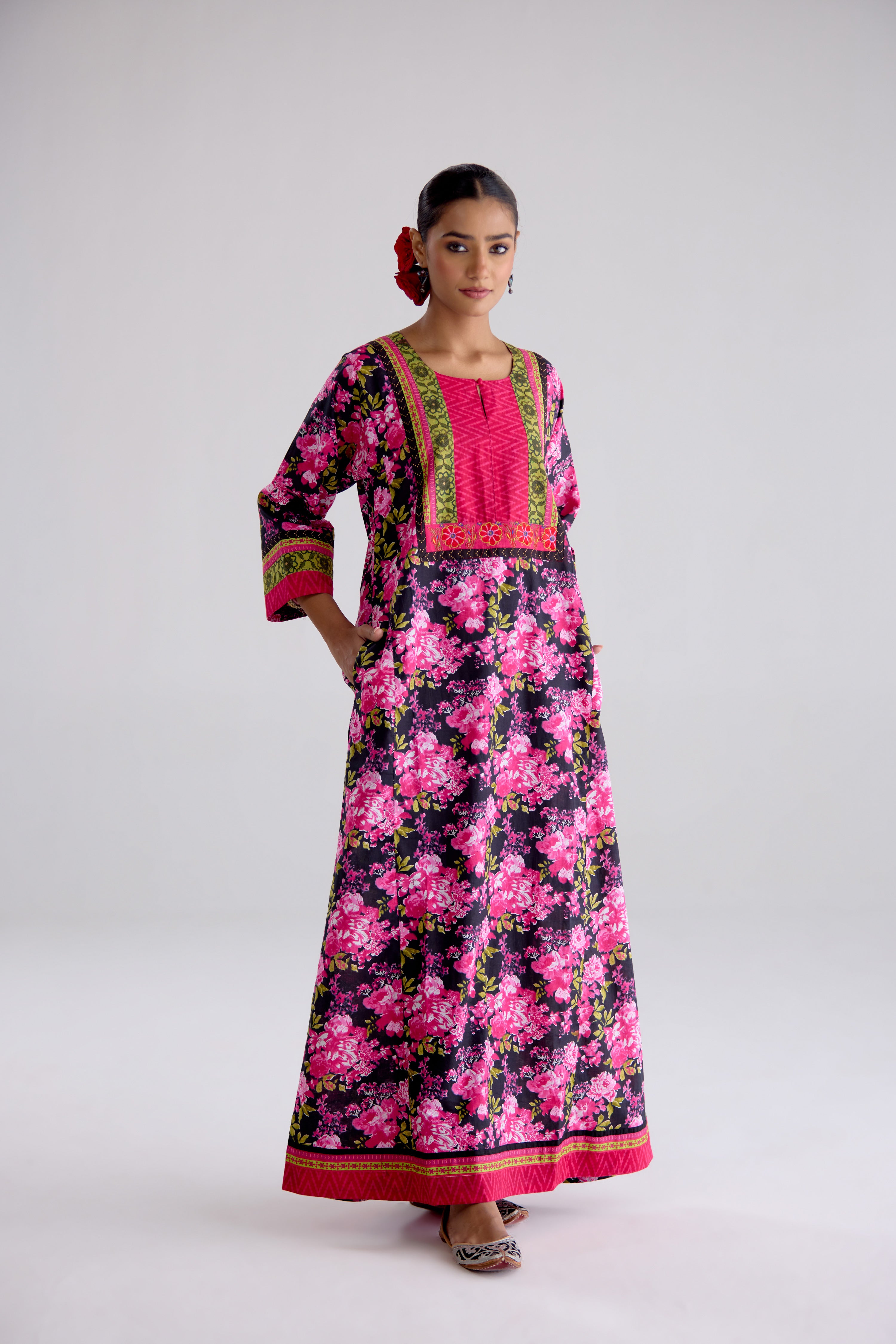 Rozana Cotton Printed Caftan Black Pink (10107017986347)