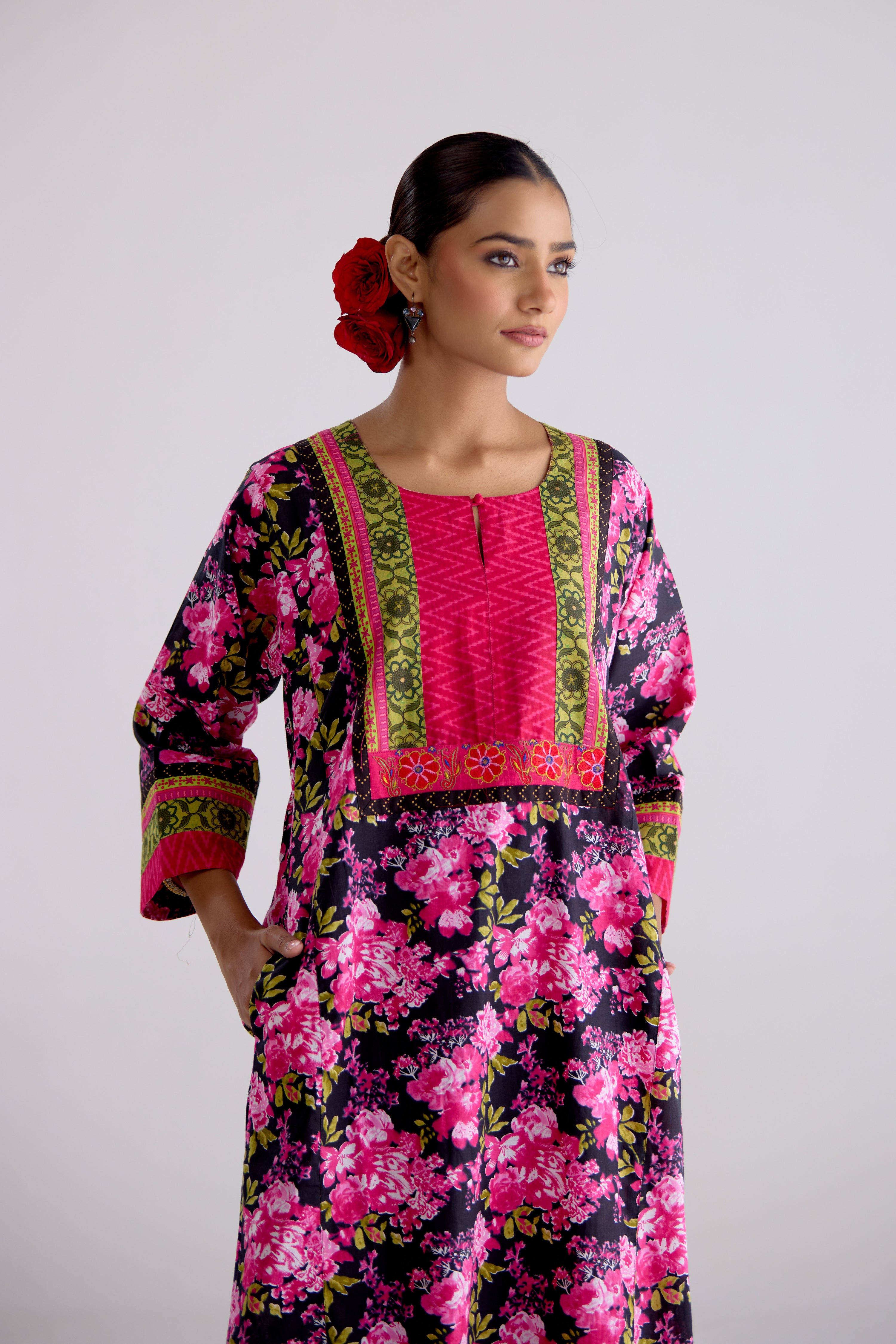 Rozana Cotton Printed Caftan Black Pink (10107017986347)