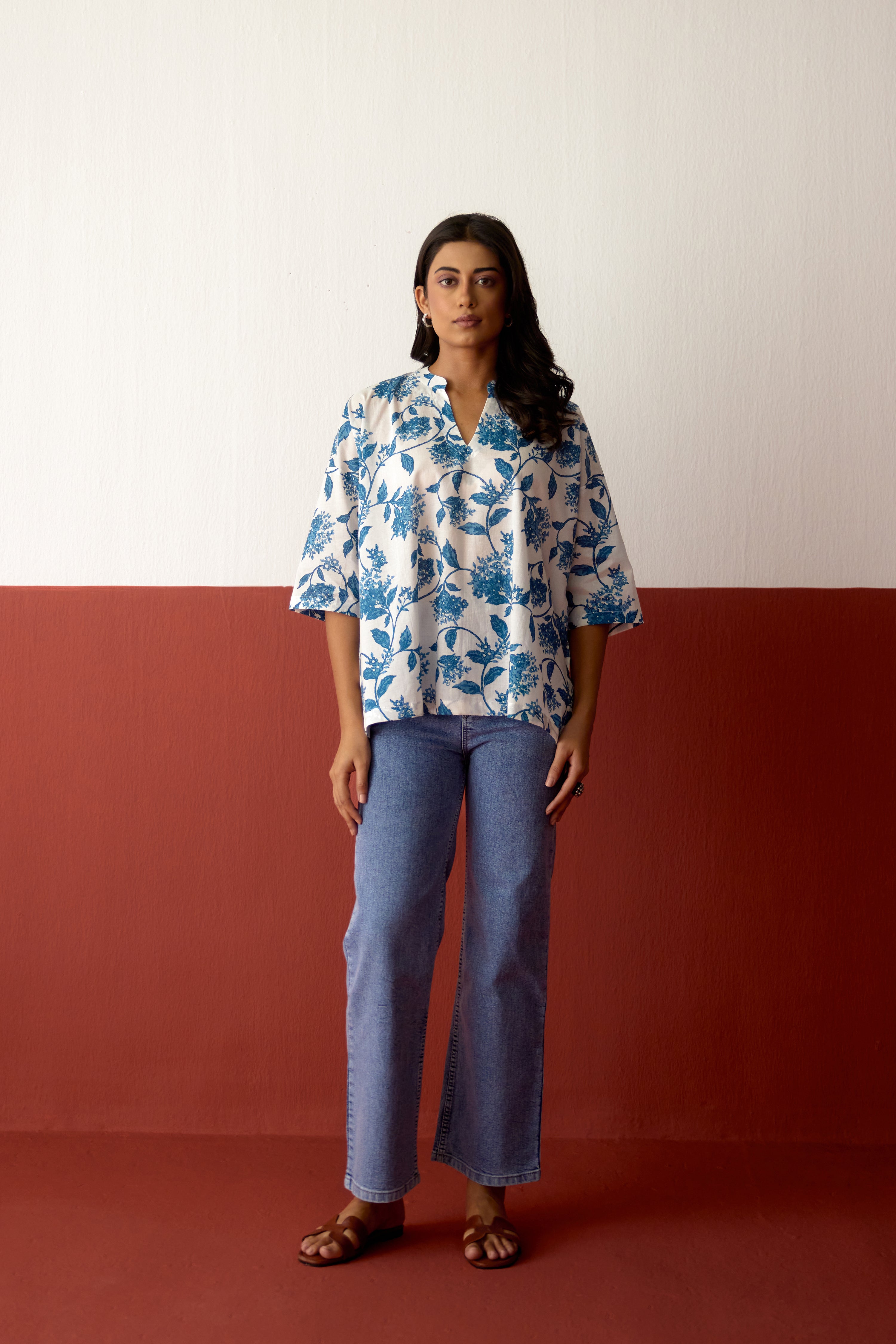 Nona Cotton Printed Top White Blue (10083644178731)