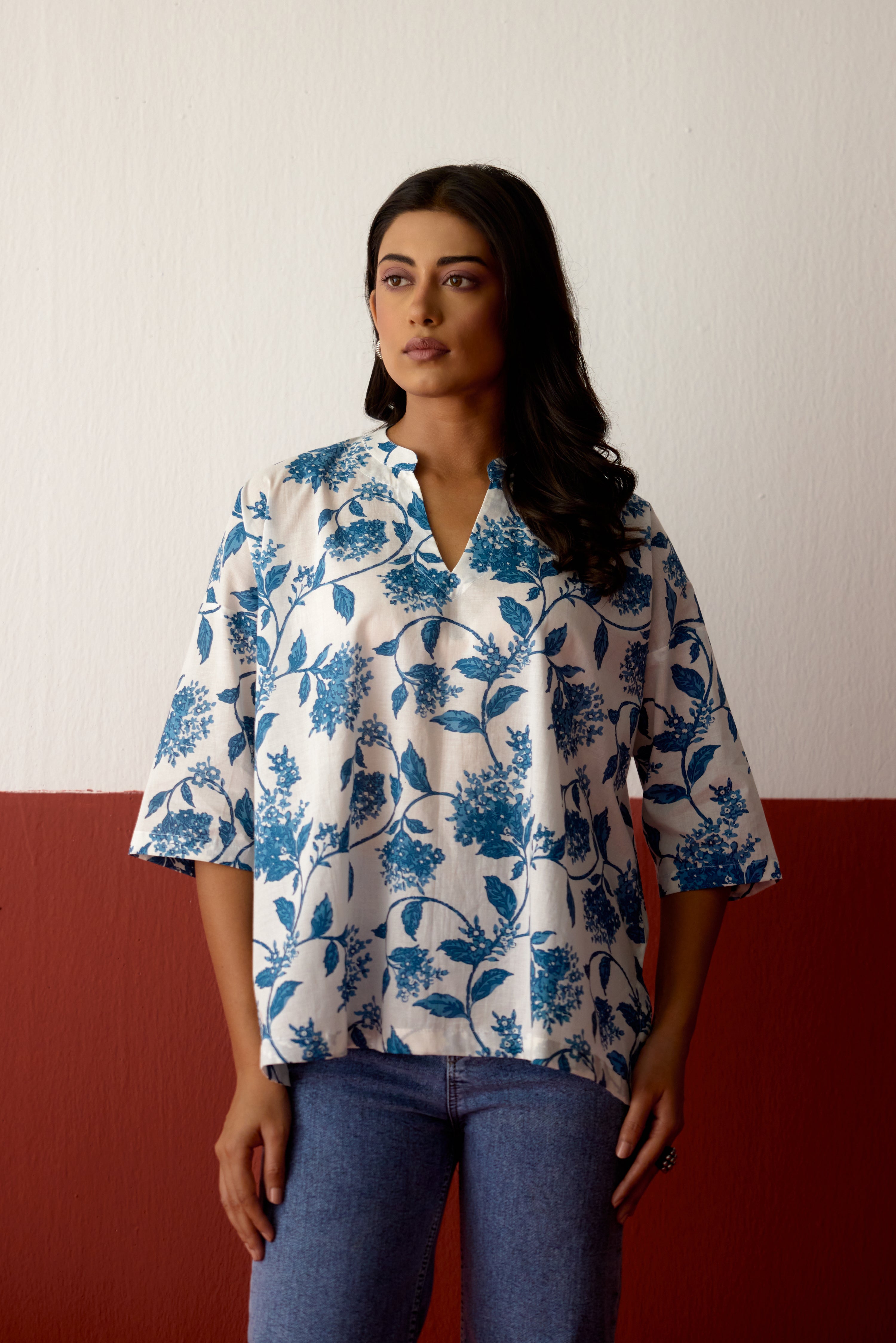 Nona Cotton Printed Top White Blue (10083644178731)