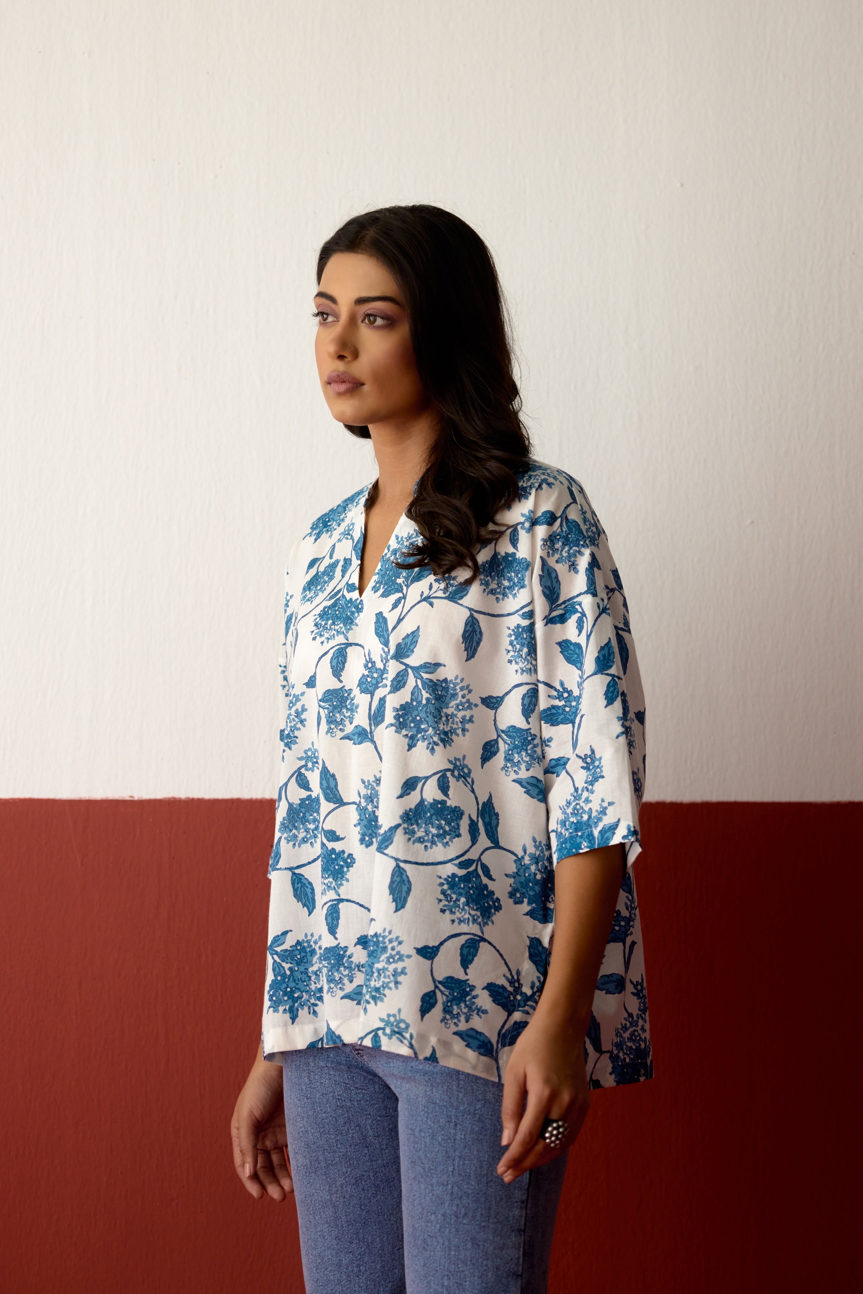 Nona Cotton Printed Top White Blue (10083644178731)