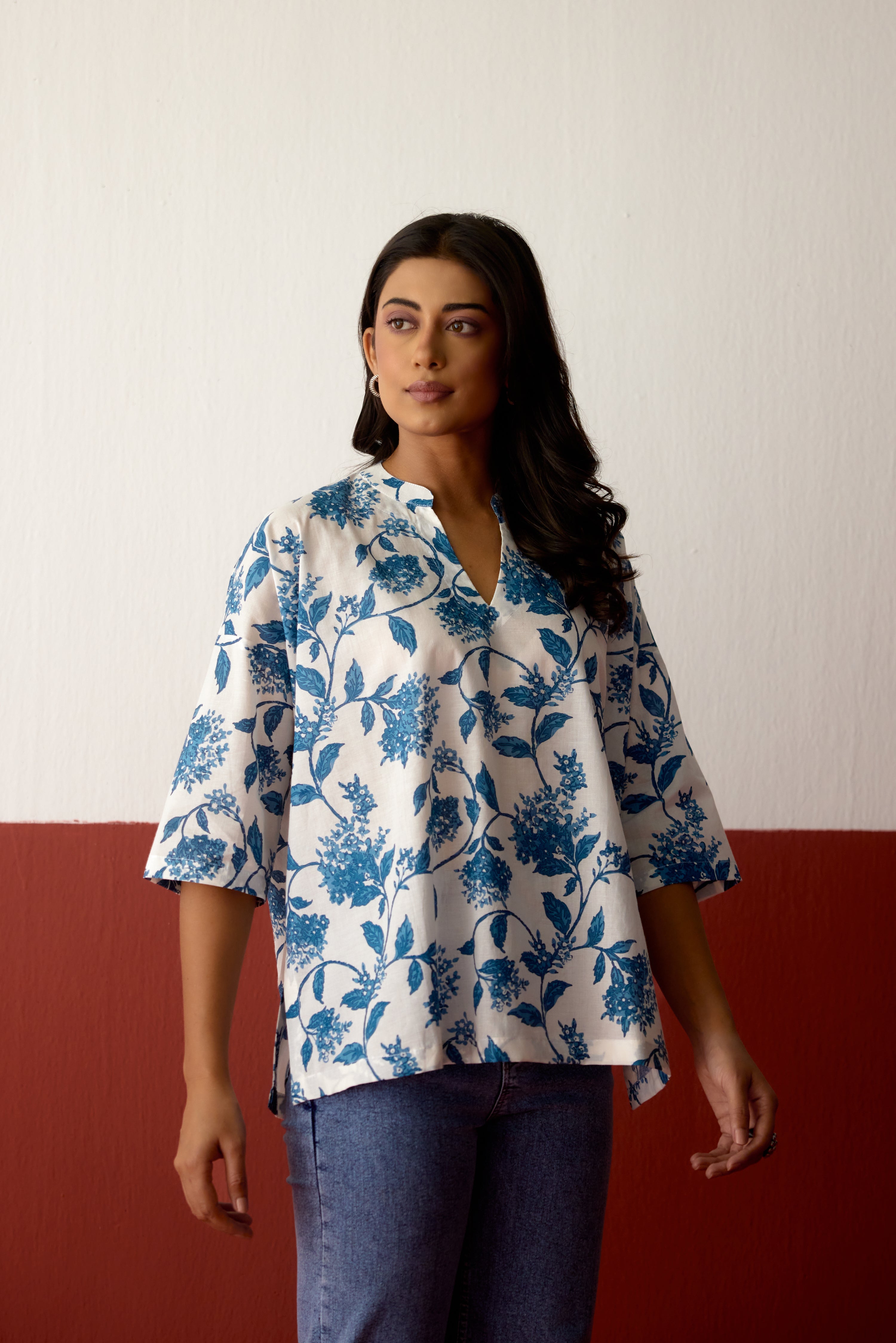 Nona Cotton Printed Top White Blue (10083644178731)
