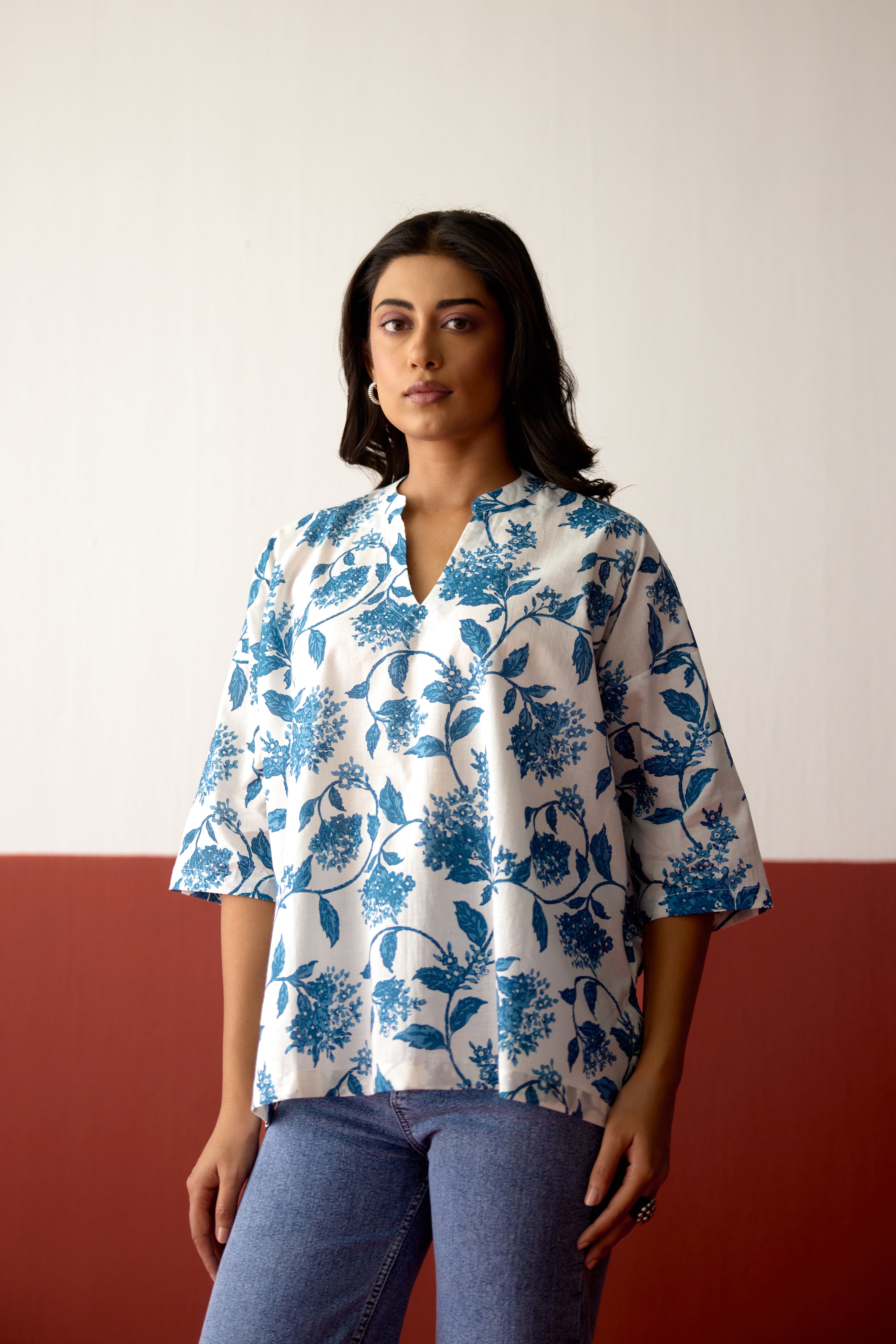 Nona Cotton Printed Top White Blue (10083644178731)