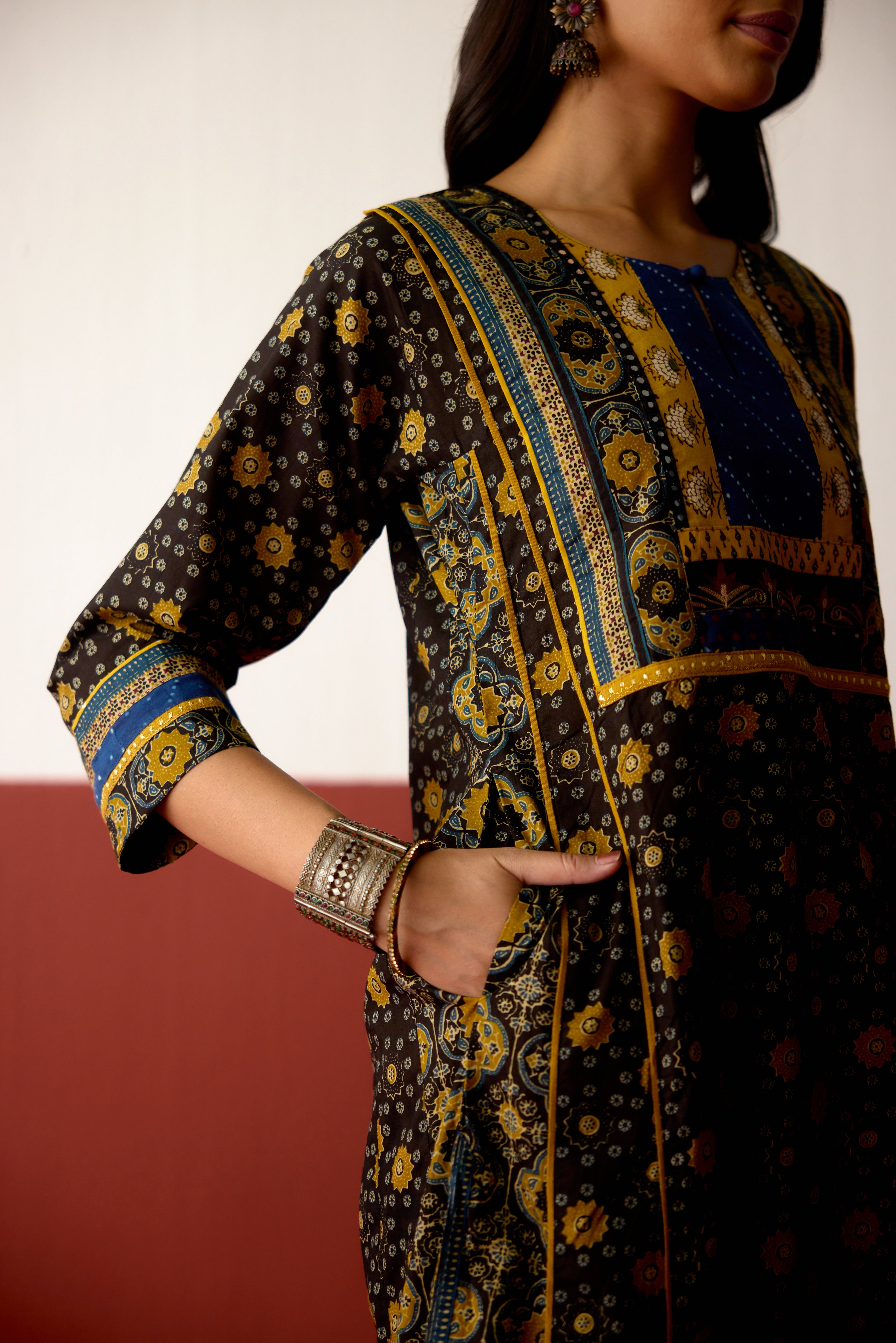 Adya Cotton Printed Kurta Black Mustard (10075322482987)