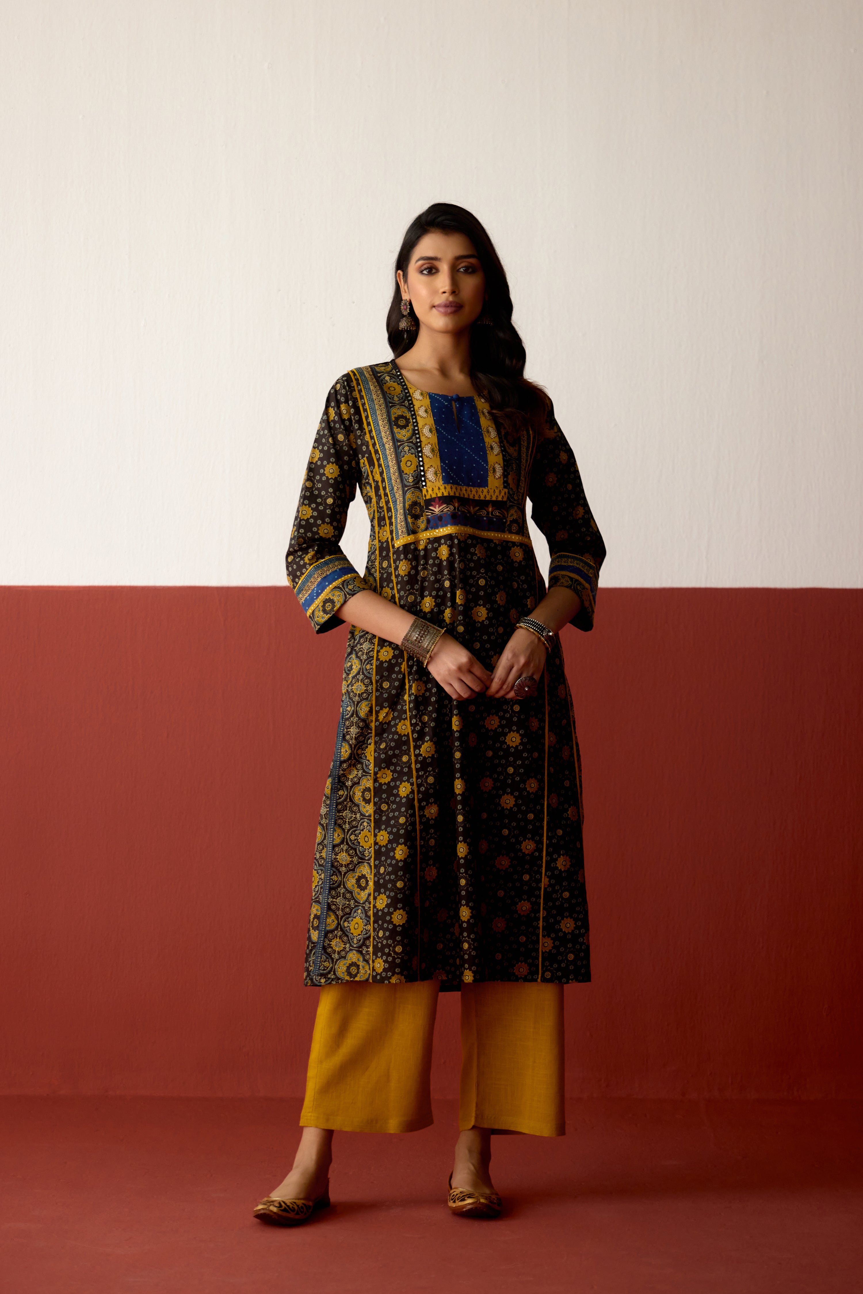 Adya Cotton Printed Kurta Black Mustard (10075322482987)