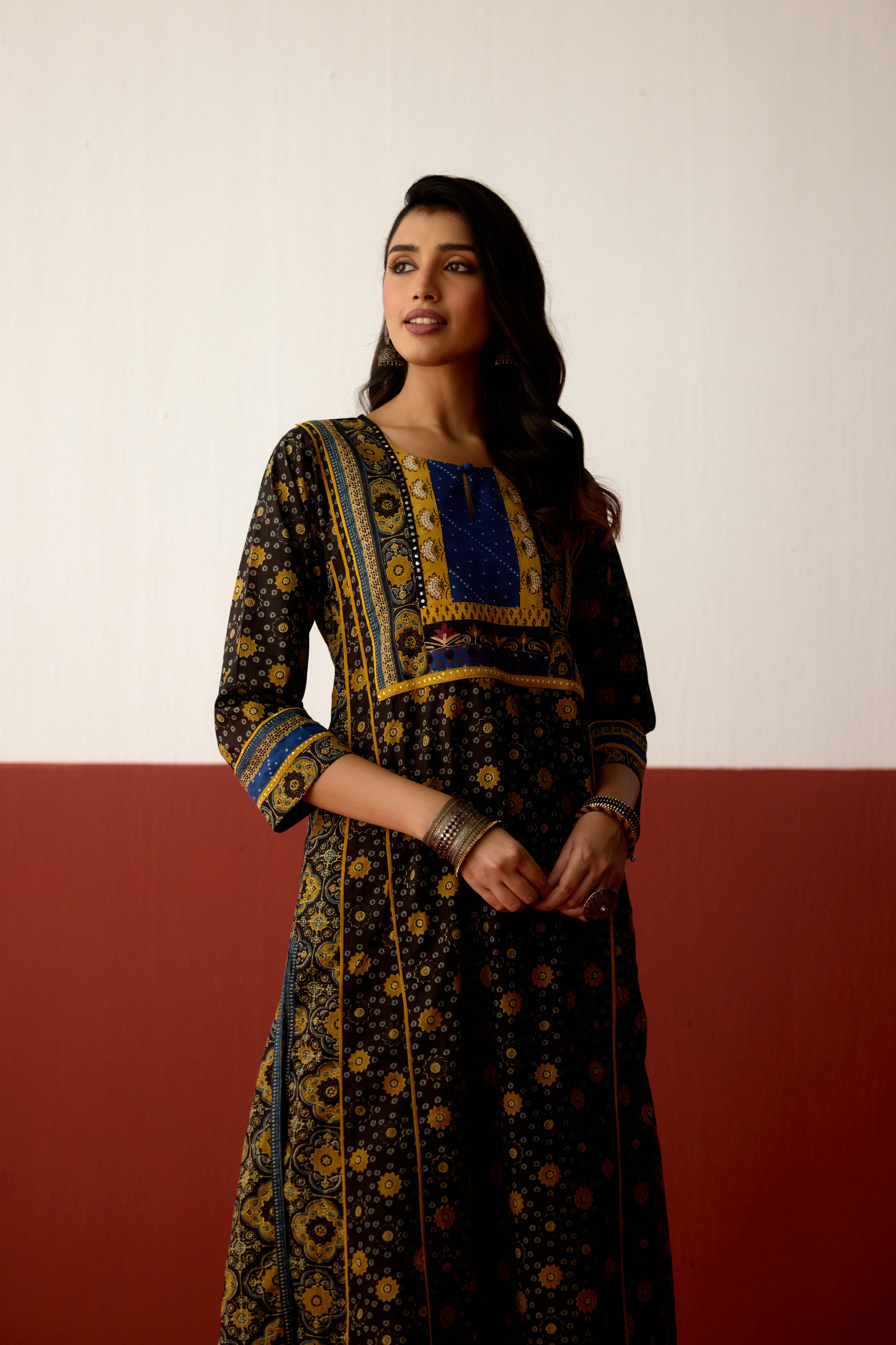 Adya Cotton Printed Kurta Black Mustard (10075322482987)
