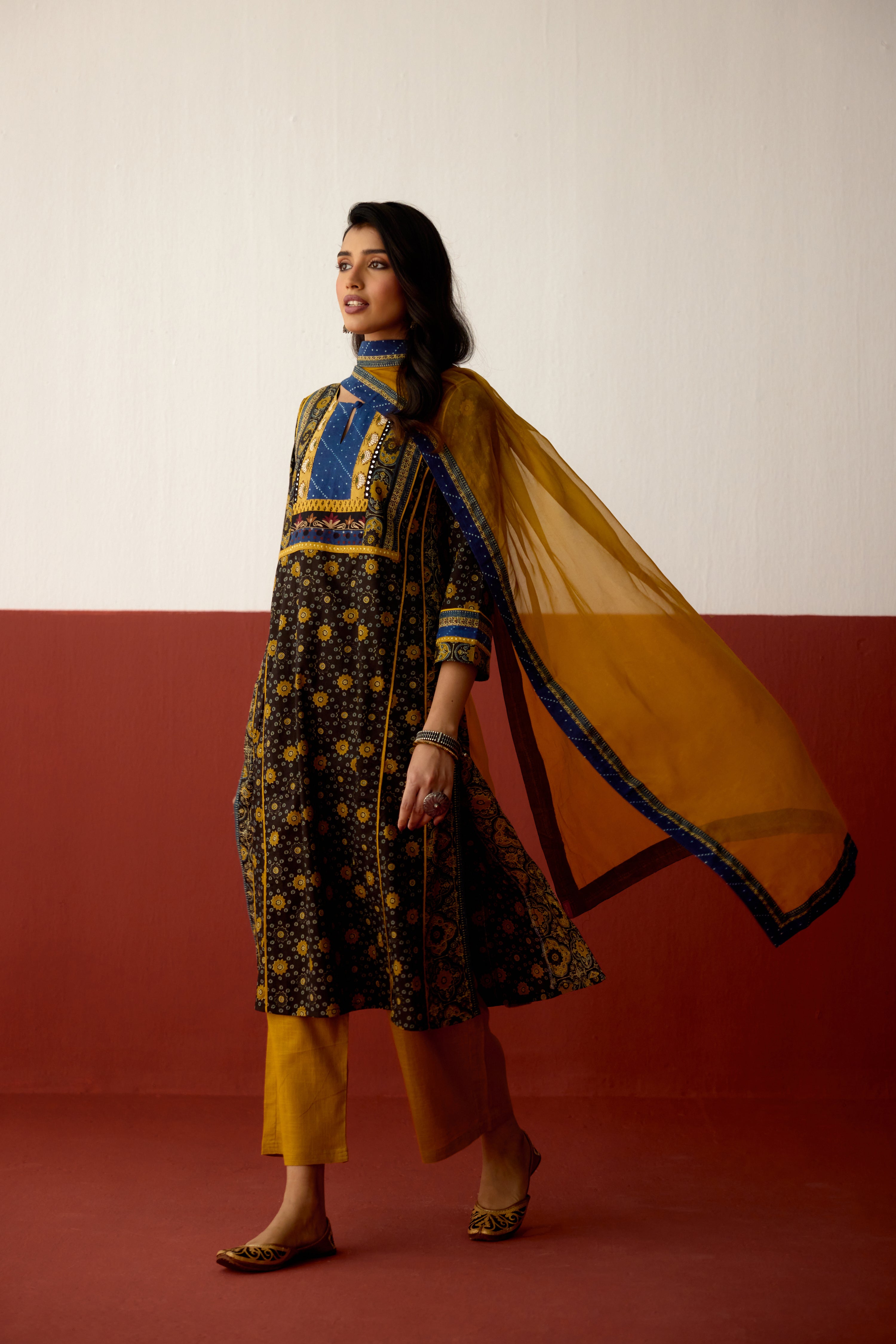 Adya Cotton Printed Kurta Black Mustard (10075322482987)