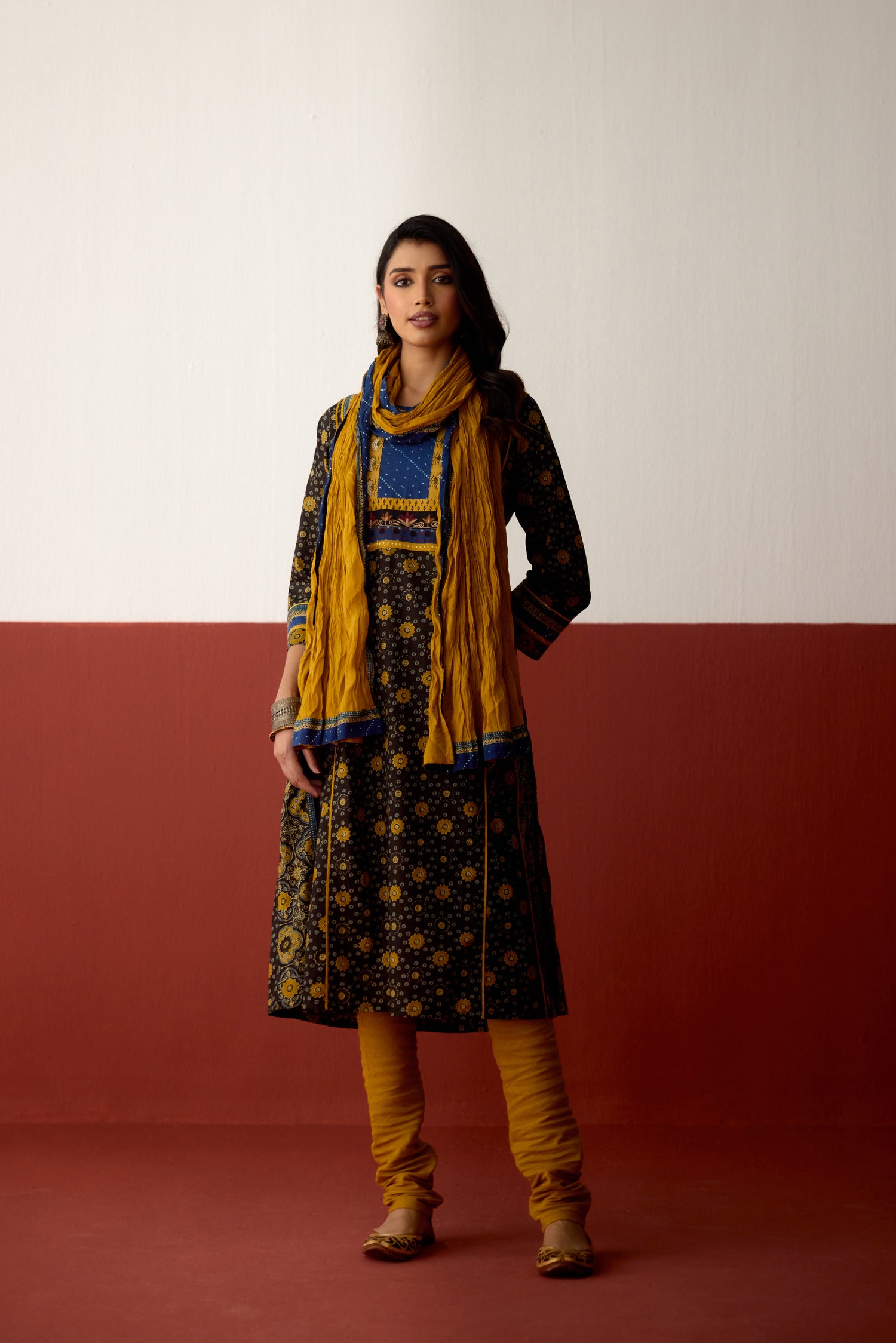 Adya Cotton Printed Kurta Black Mustard (10075322482987)