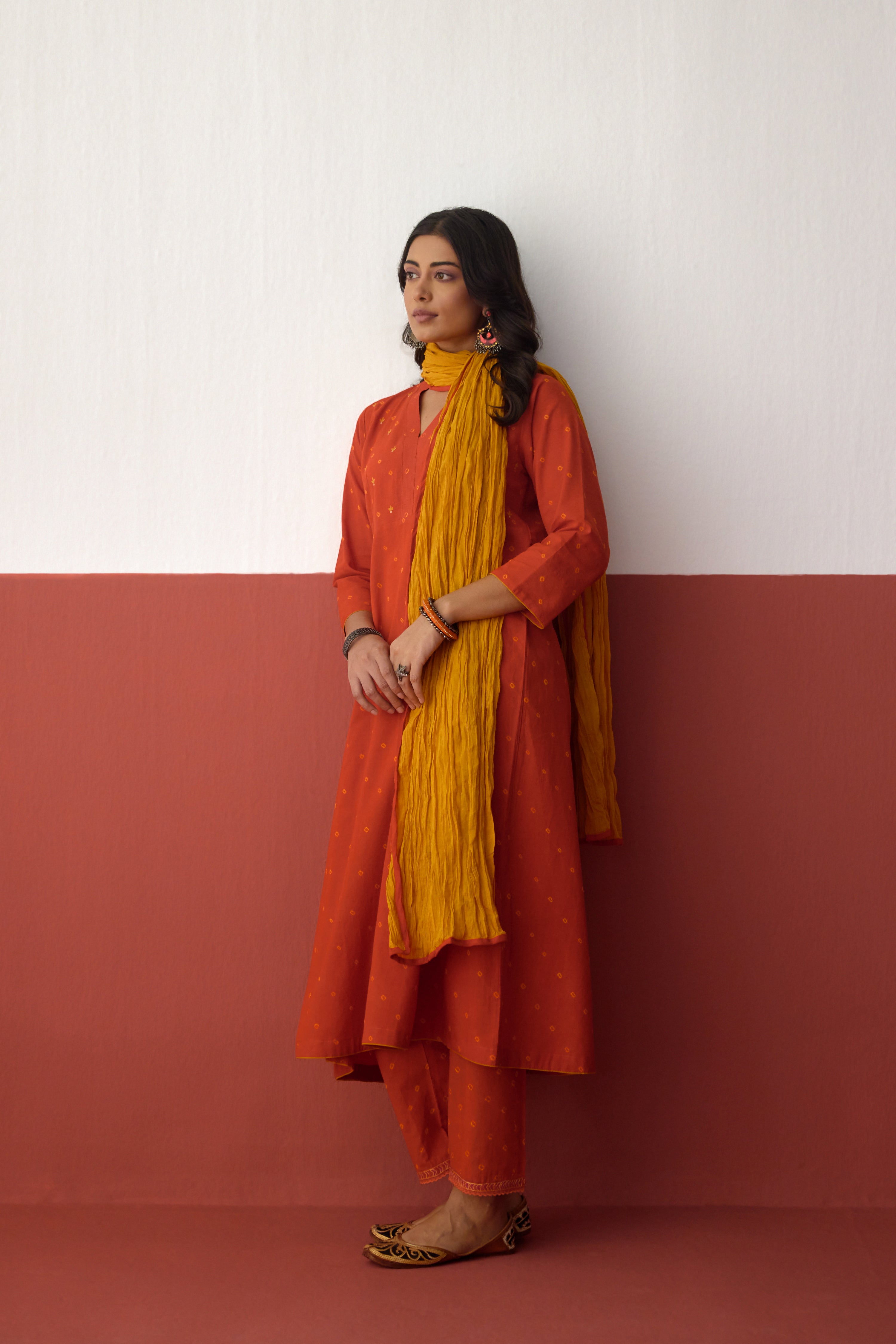 Neera Cotton Bandhej Hand Block Printed Kurta Dark Orange (10083709059371)