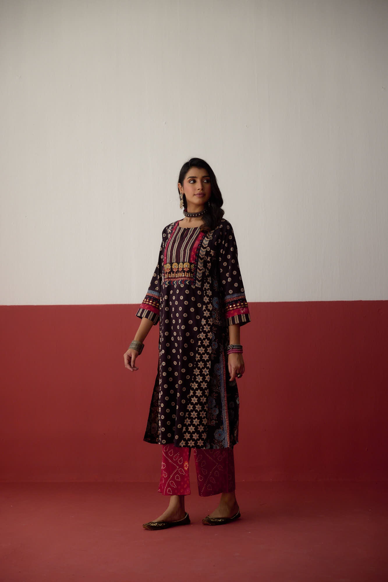 Adya Cotton Hand Block Printed Ajrakh Kurta Black (10081041547563)