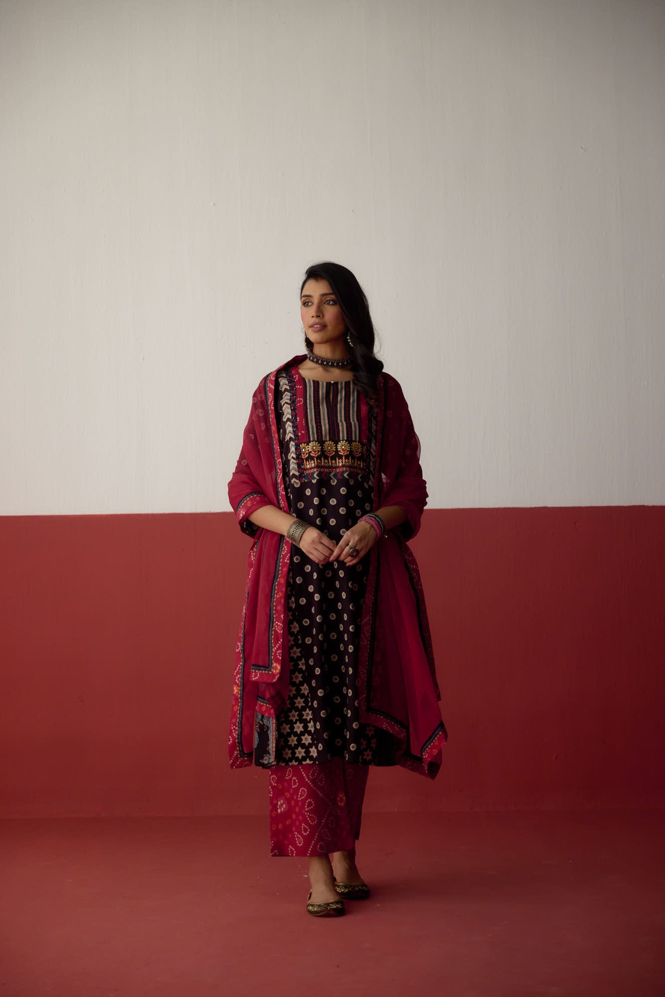 Adya Cotton Hand Block Printed Ajrakh Kurta Black (10081041547563)