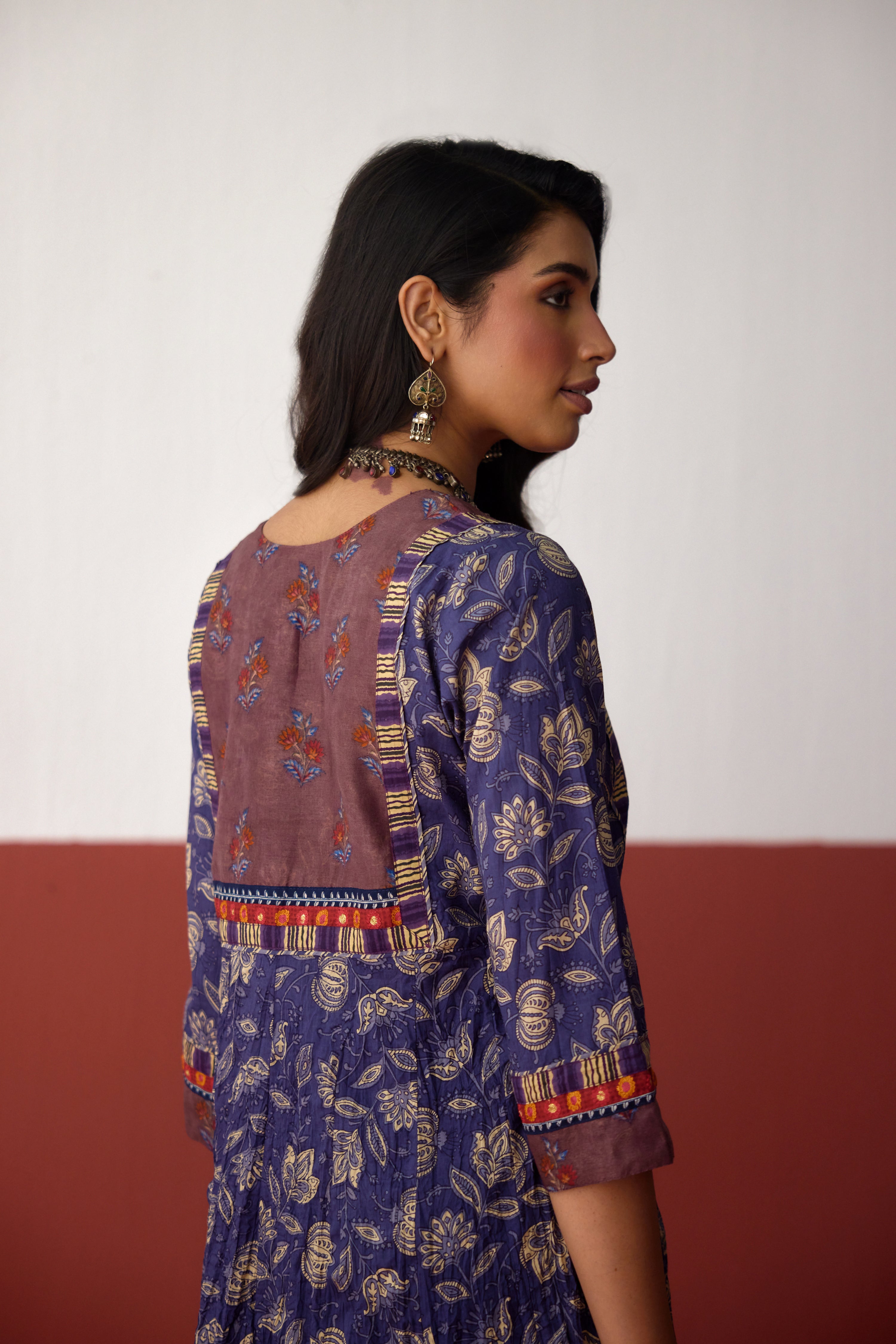 Rozana Anarkali Crinkled Printed Kurta Navy Blue (10083245523243)