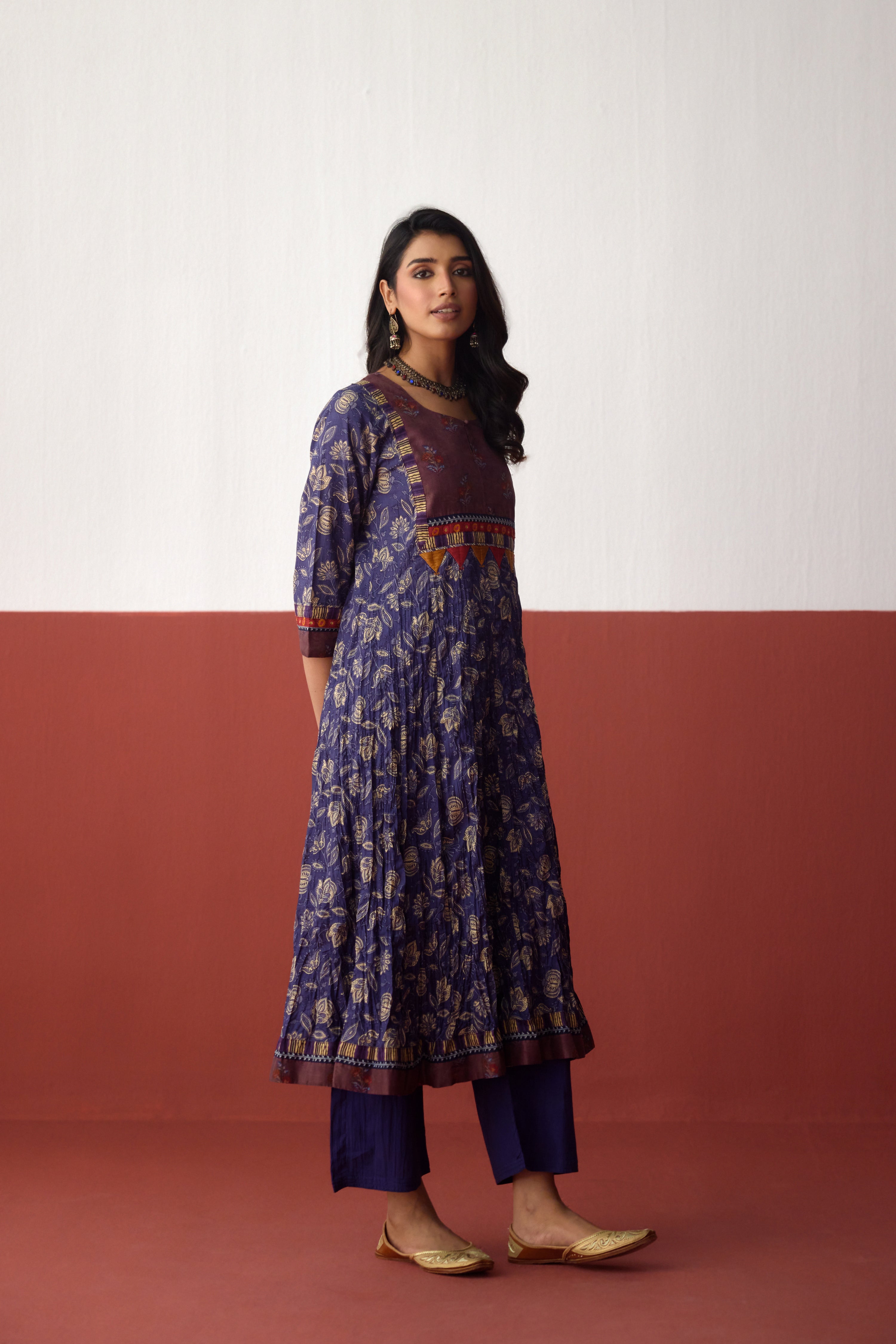 Rozana Anarkali Crinkled Printed Kurta Navy Blue (10083245523243)
