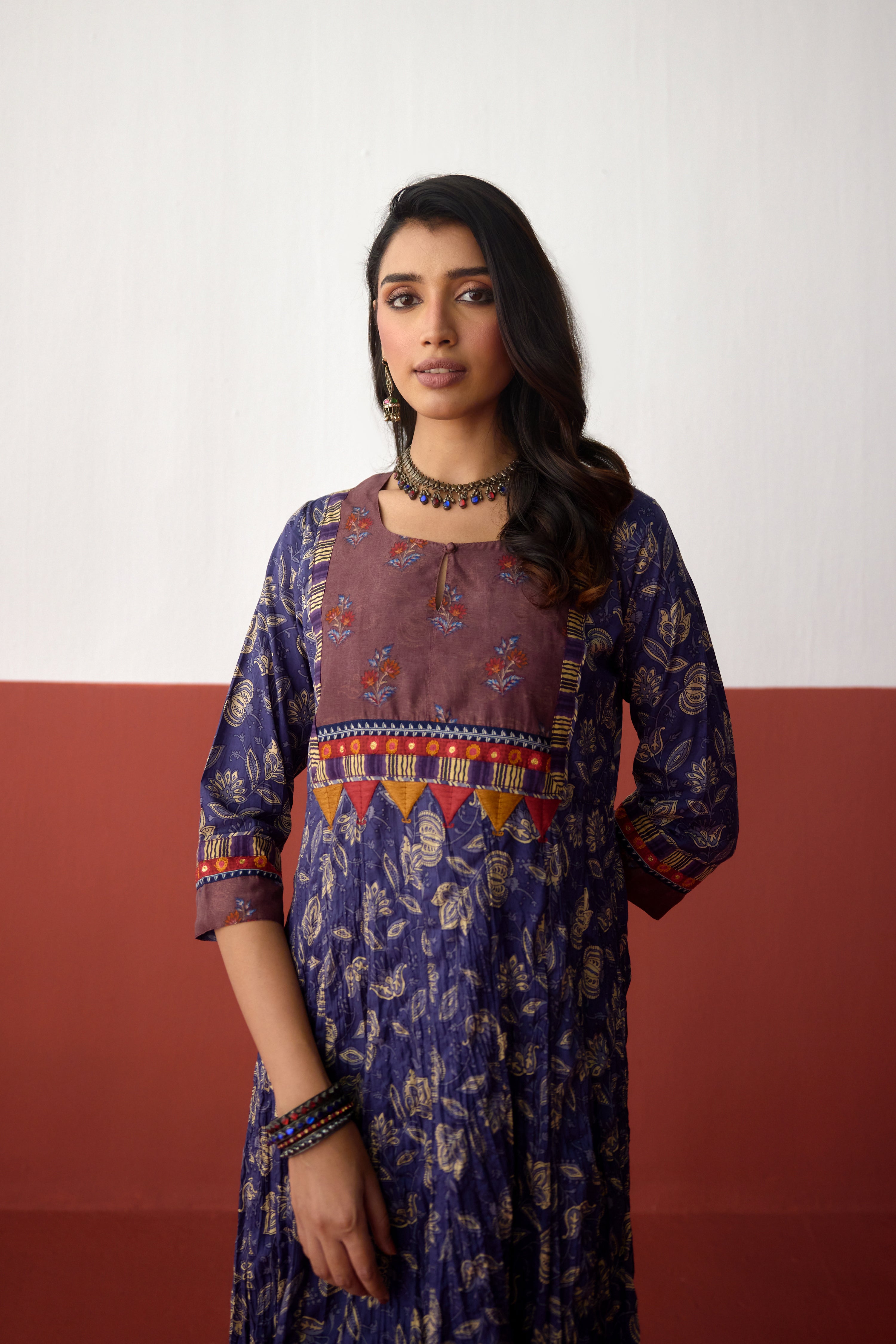 Rozana Anarkali Crinkled Printed Kurta Navy Blue (10083245523243)