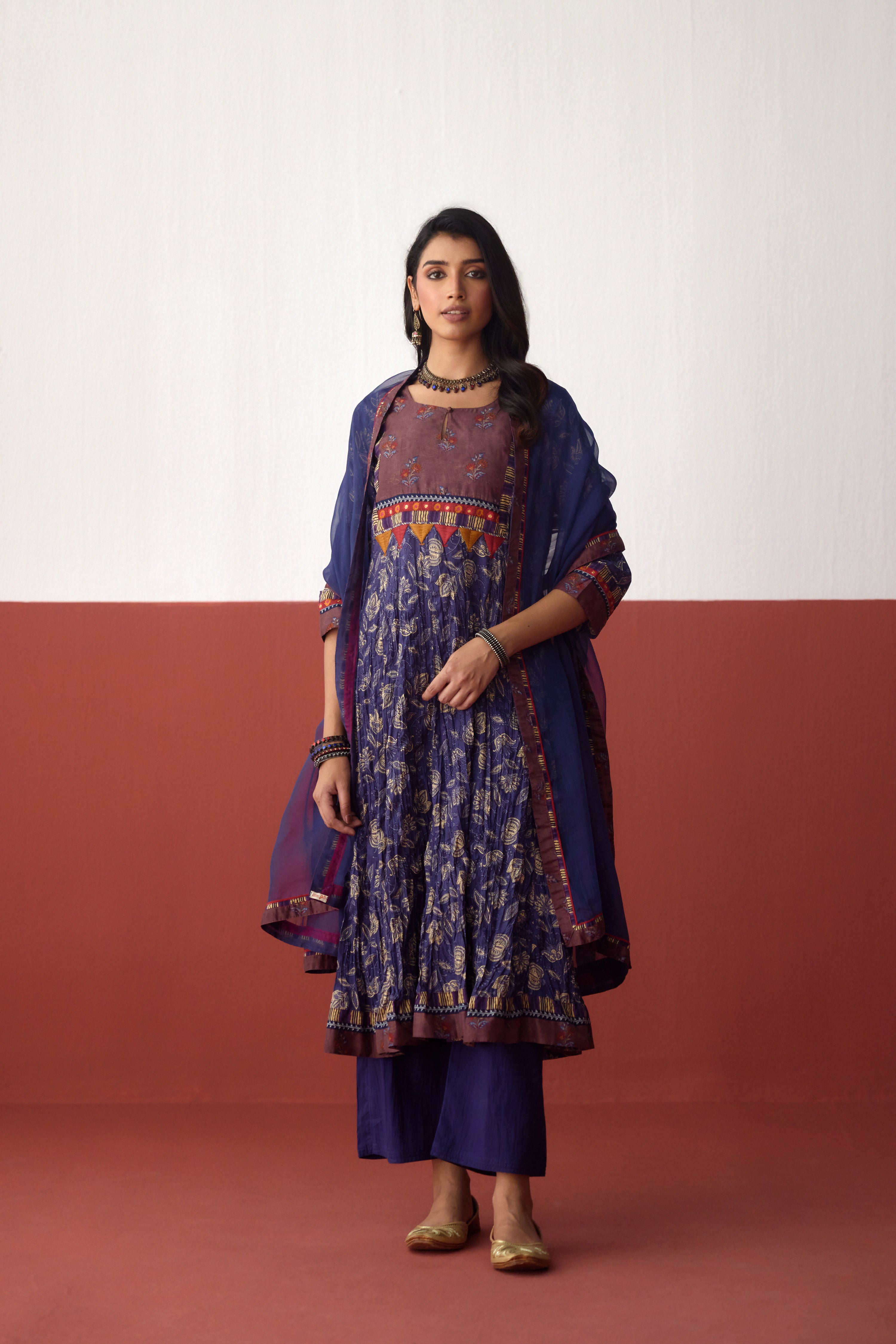 Rozana Anarkali Crinkled Printed Kurta Navy Blue (10083245523243)