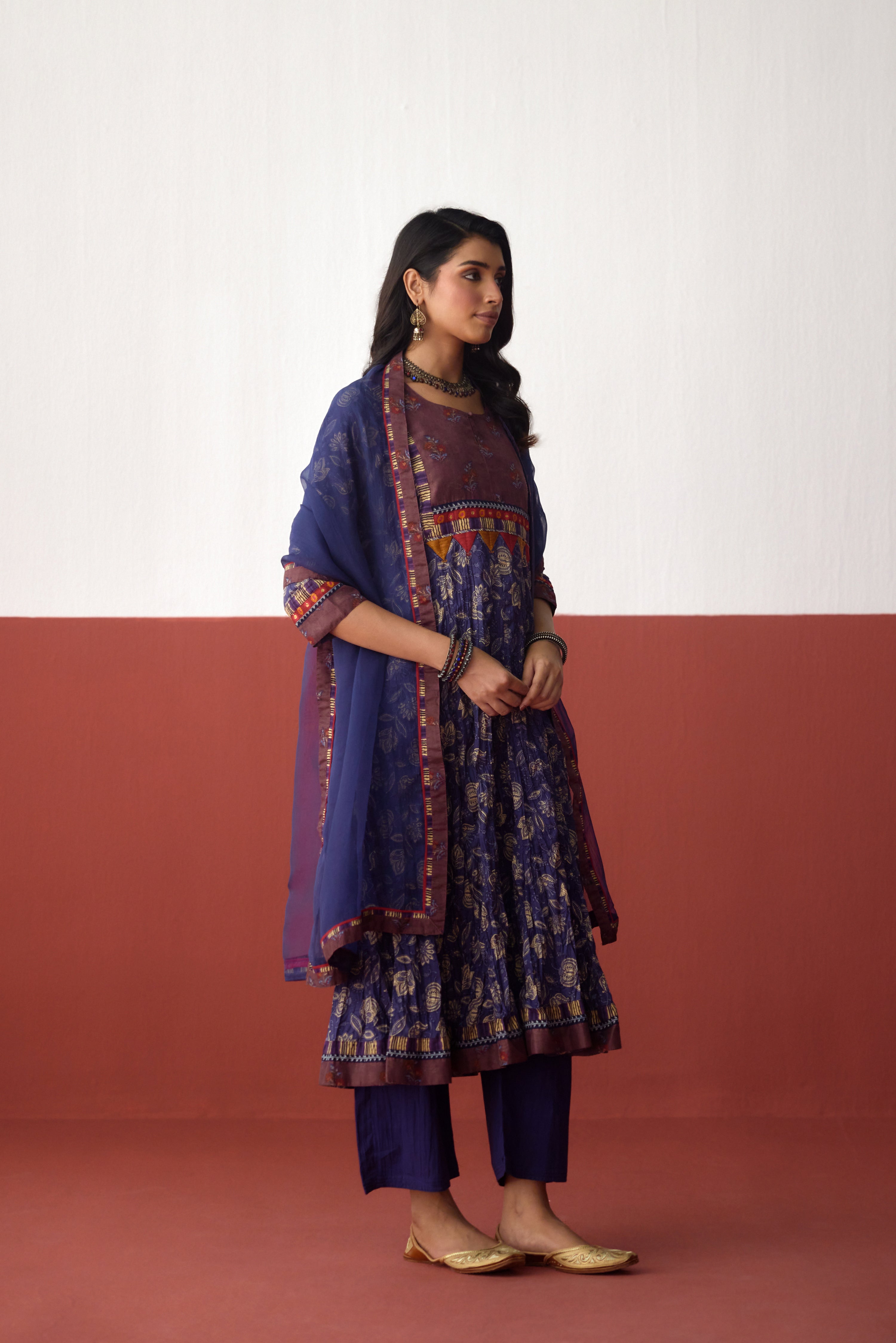 Rozana Anarkali Crinkled Printed Kurta Navy Blue (10083245523243)