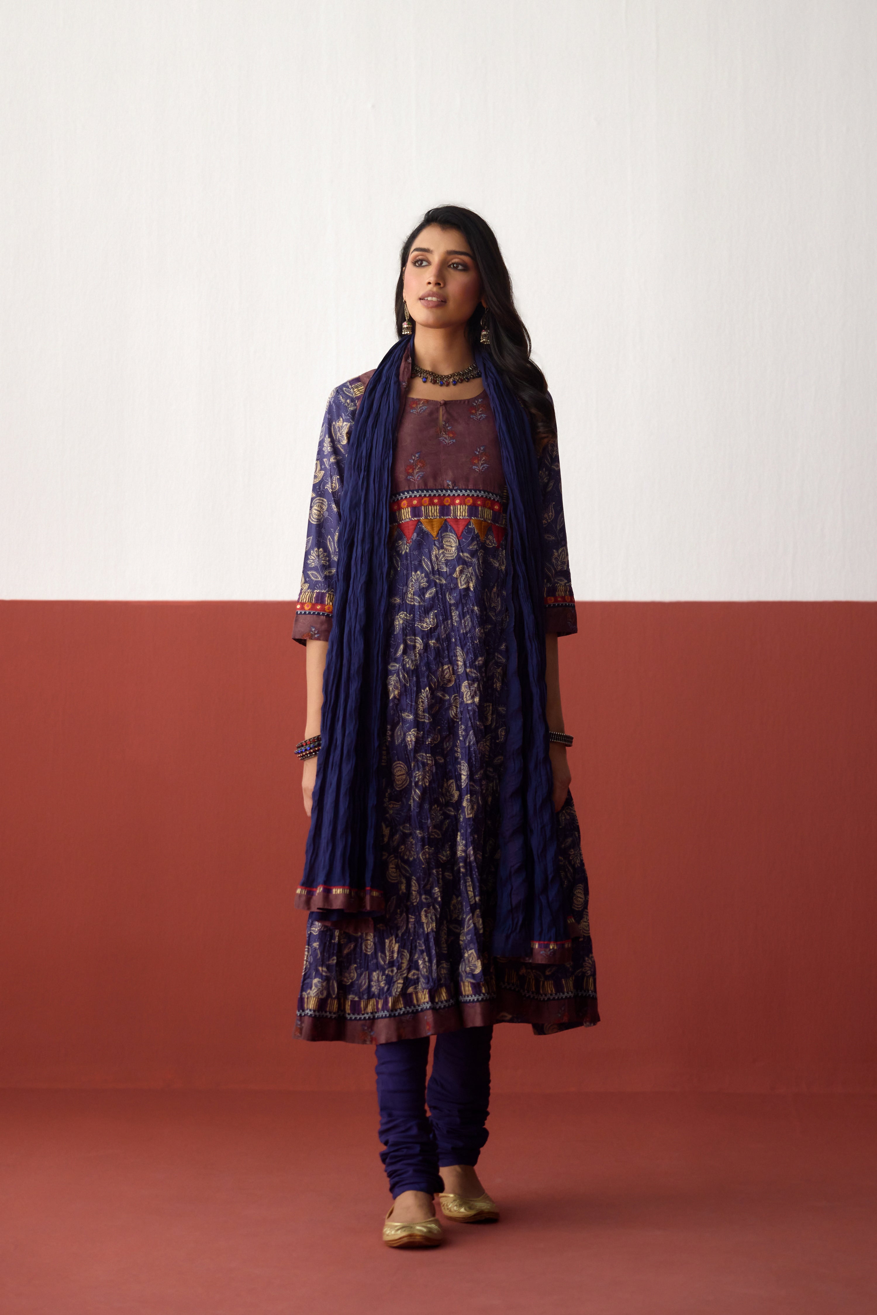 Rozana Anarkali Crinkled Printed Kurta Navy Blue (10083245523243)