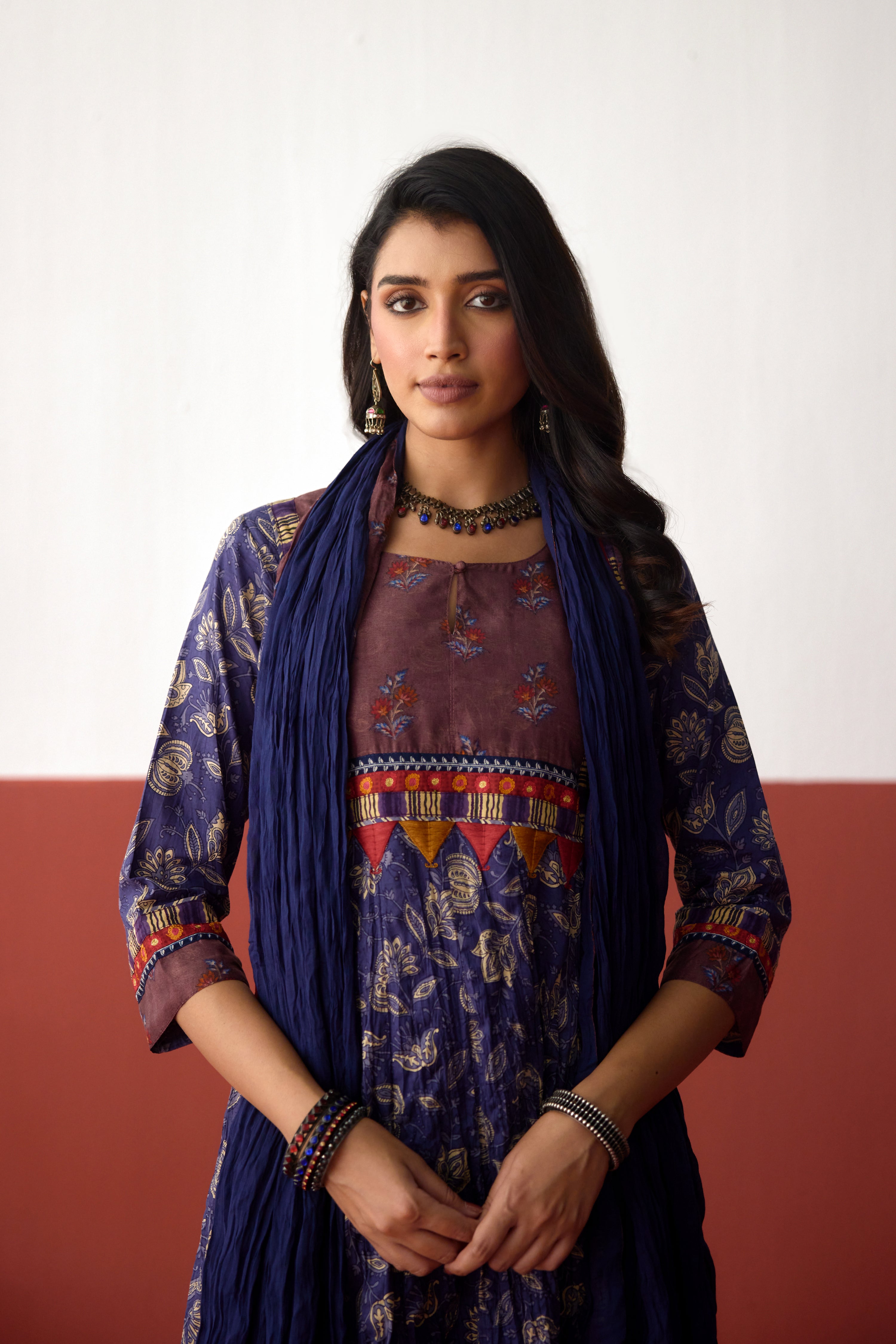 Rozana Anarkali Crinkled Printed Kurta Navy Blue (10083245523243)