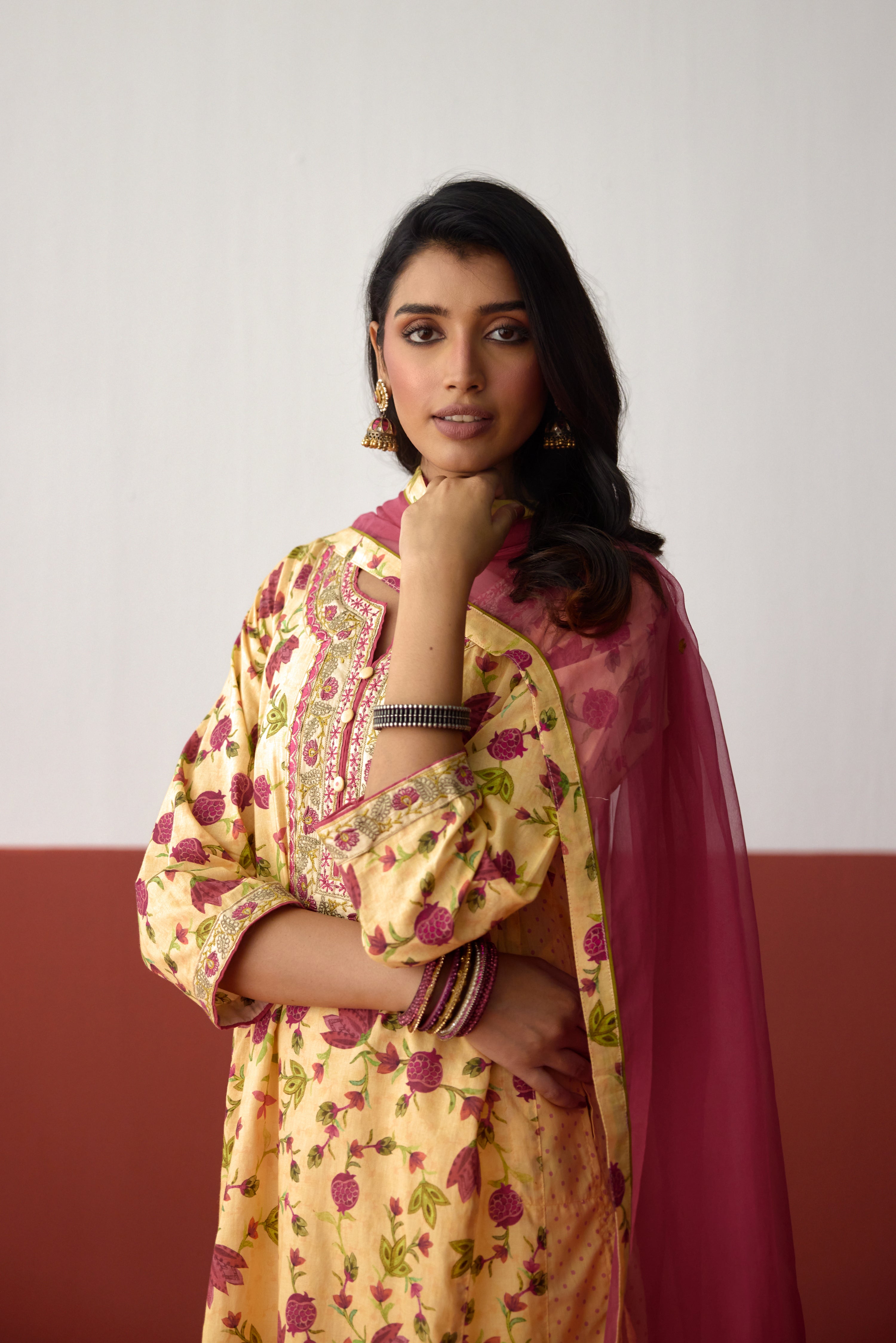 Tulsi Embroidered Cotton Printed Kurta Cream Pink (10083417981227)