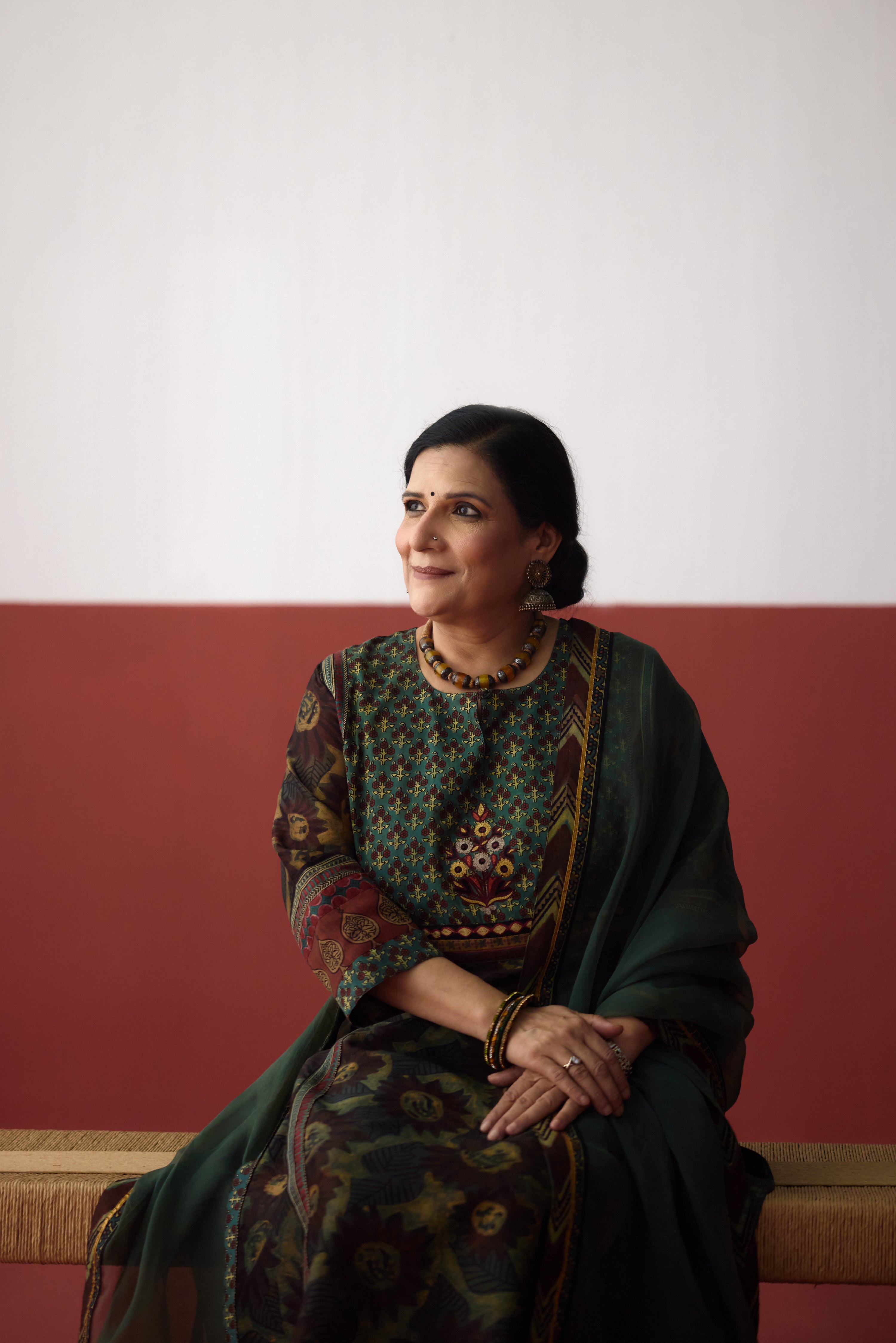 Rozana Chanderi Vanaspati Printed Kurta Green Rust (10083660693803)