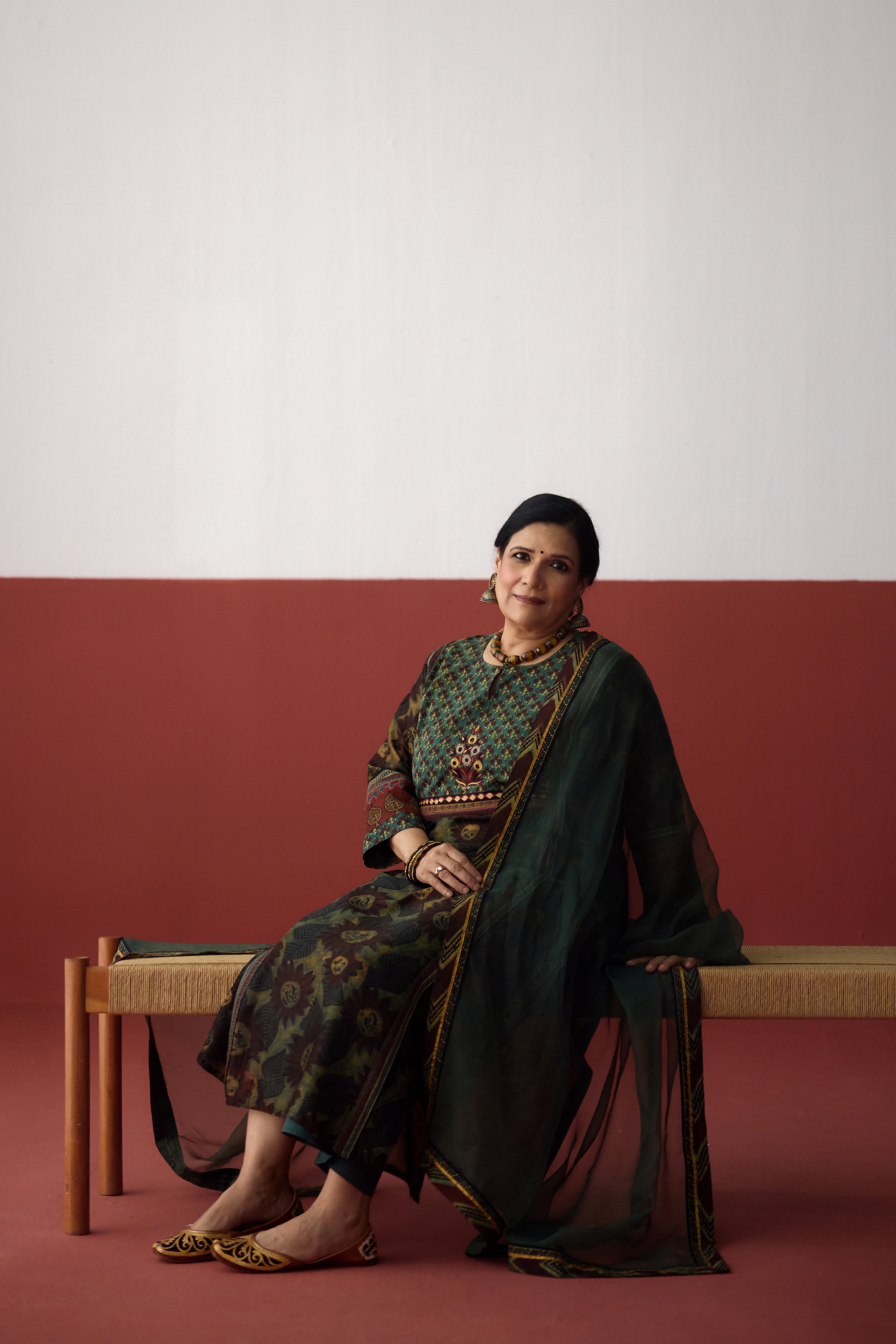 Rozana Chanderi Vanaspati Printed Kurta Green Rust (10083660693803)