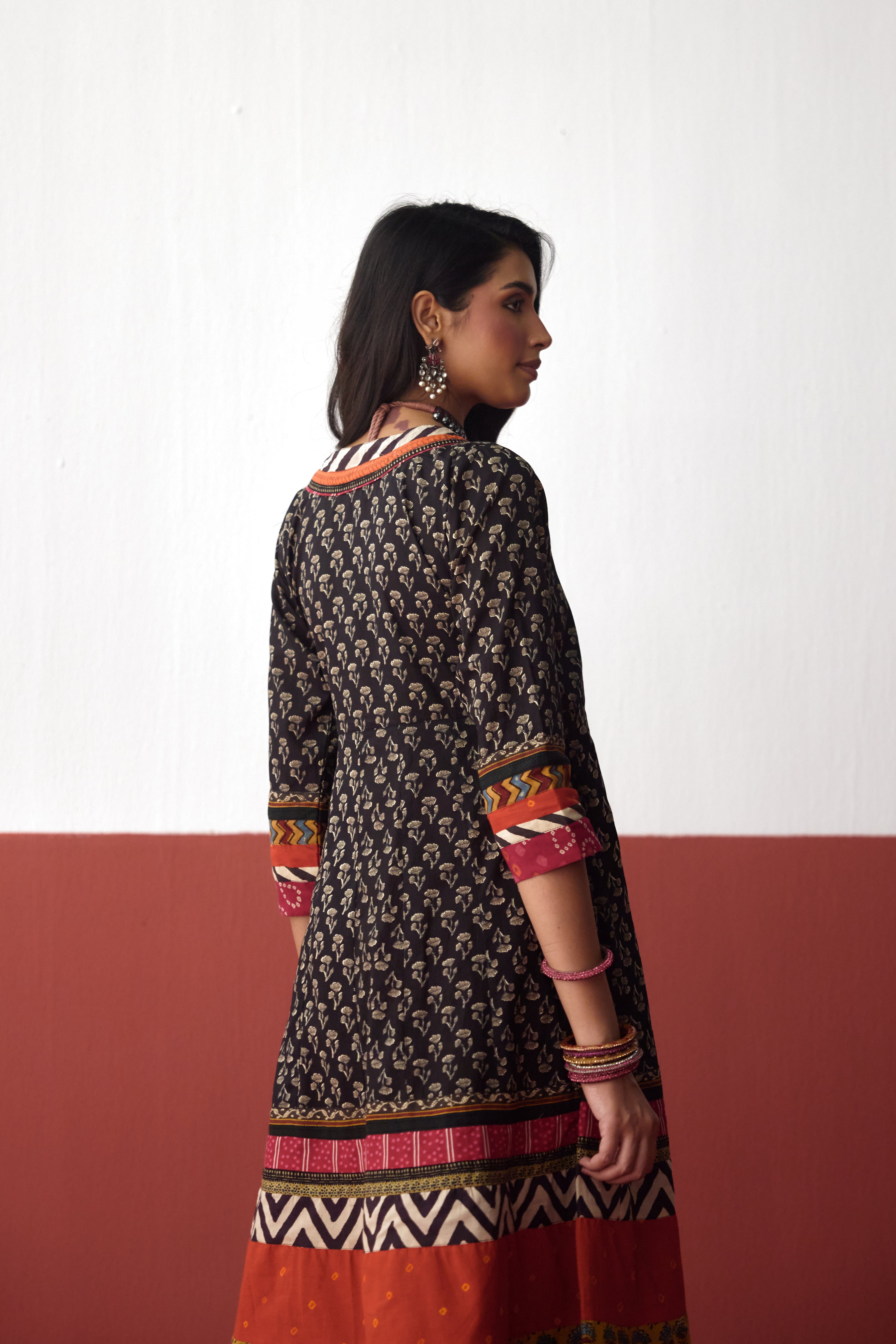 Nargis Angrakha Anarkali Cotton Printed Kurta Black (10083248800043)