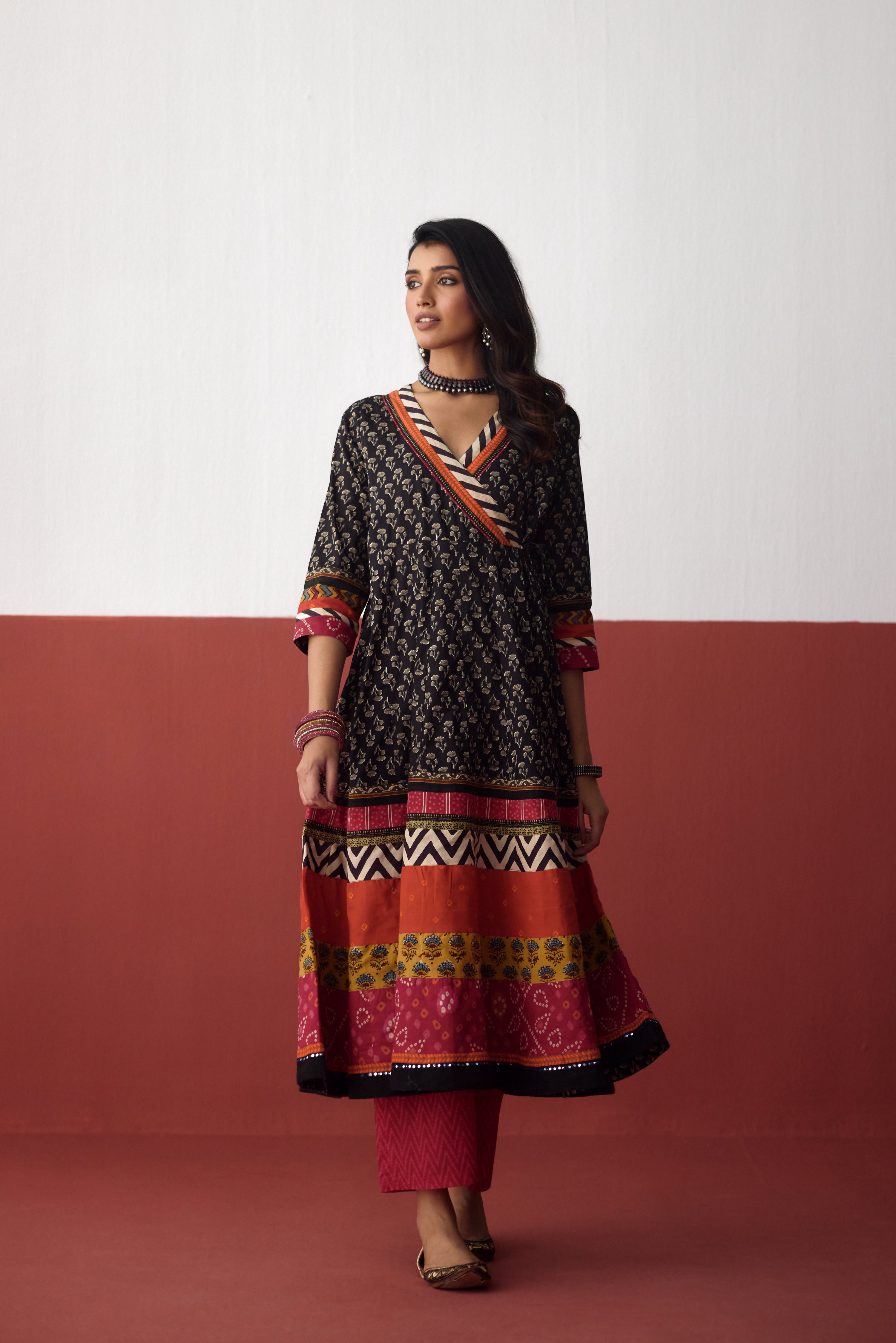 Nargis Angrakha Anarkali Cotton Printed Kurta Black (10083248800043)